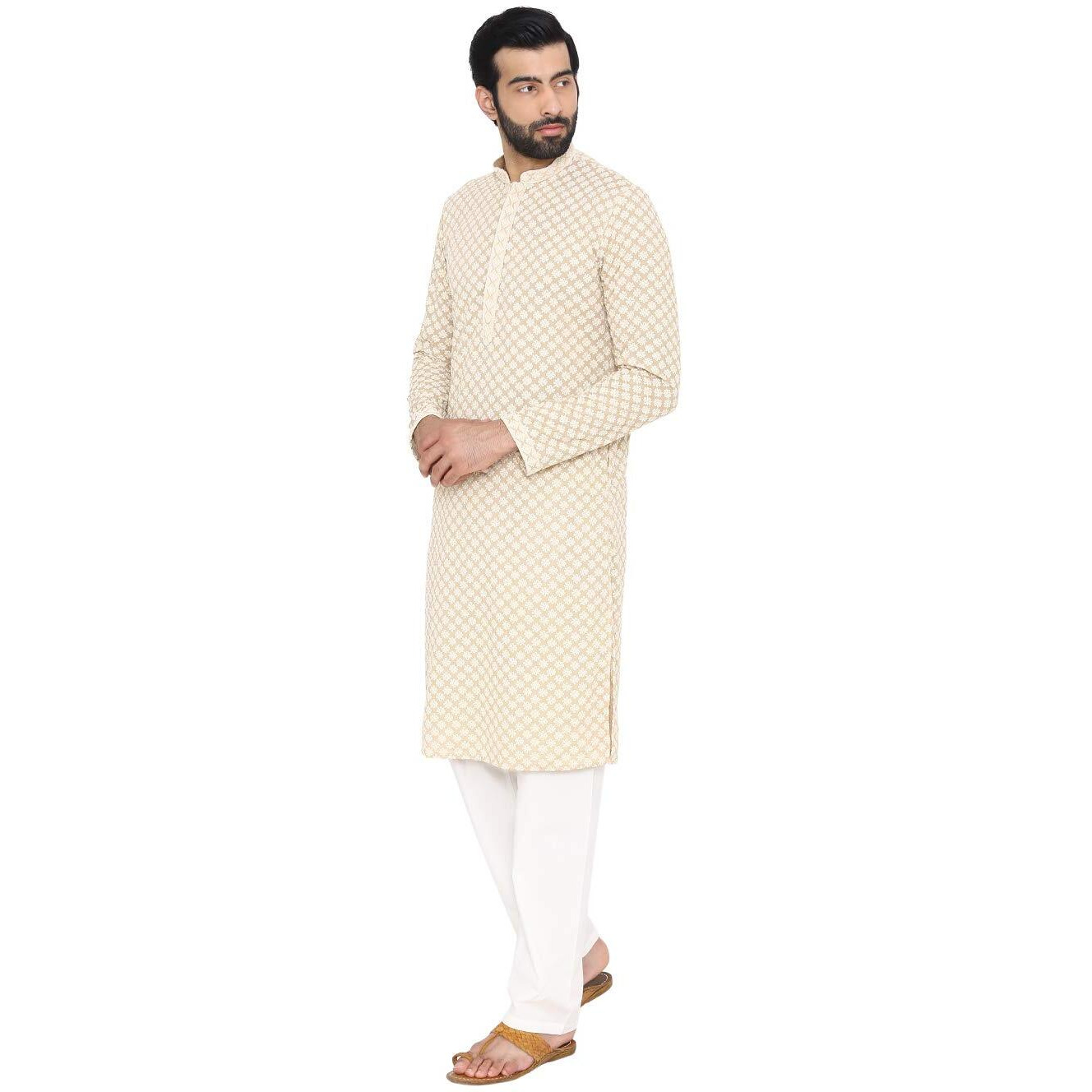 Manyavar Kurta Churidar Set, Blended Cotton Full Sleeves Mandarin Collar Chikankari Ethnic Wear For Men - (Beige, Medium)