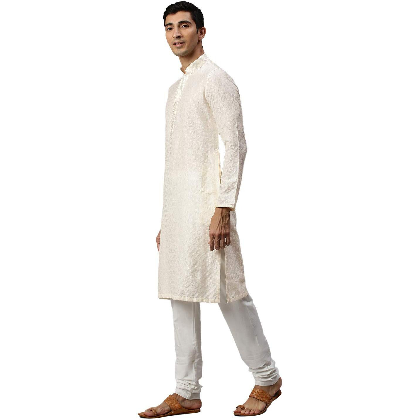 Manyavar Stylish Casual Silk Blend Full Sleeves Kurta Set For Men (Cream, X-Large)