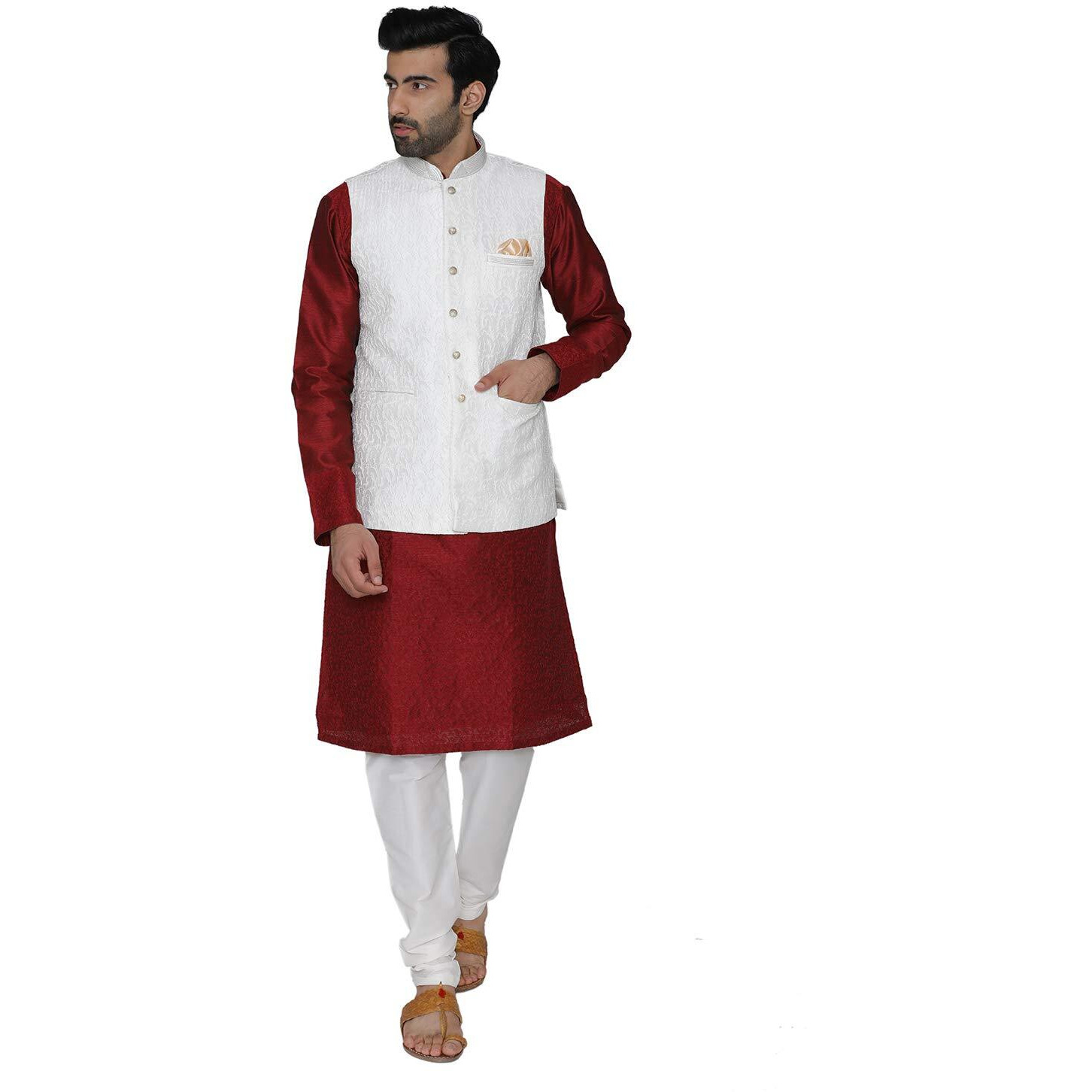 Manyavar Men's Art Silk Jacket (Jac152_White_M)