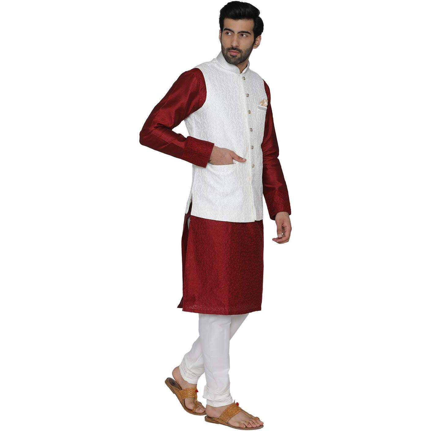 Manyavar Men's Art Silk Jacket (Jac152_White_M)