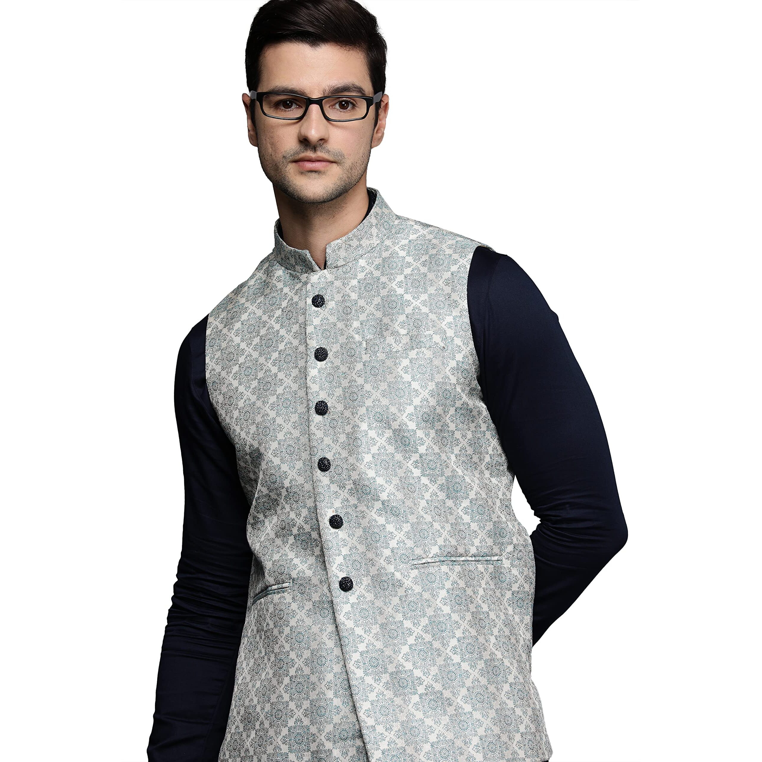 Manyavar Men's Nehru Jacket (Jac157-326_Feroze_S)