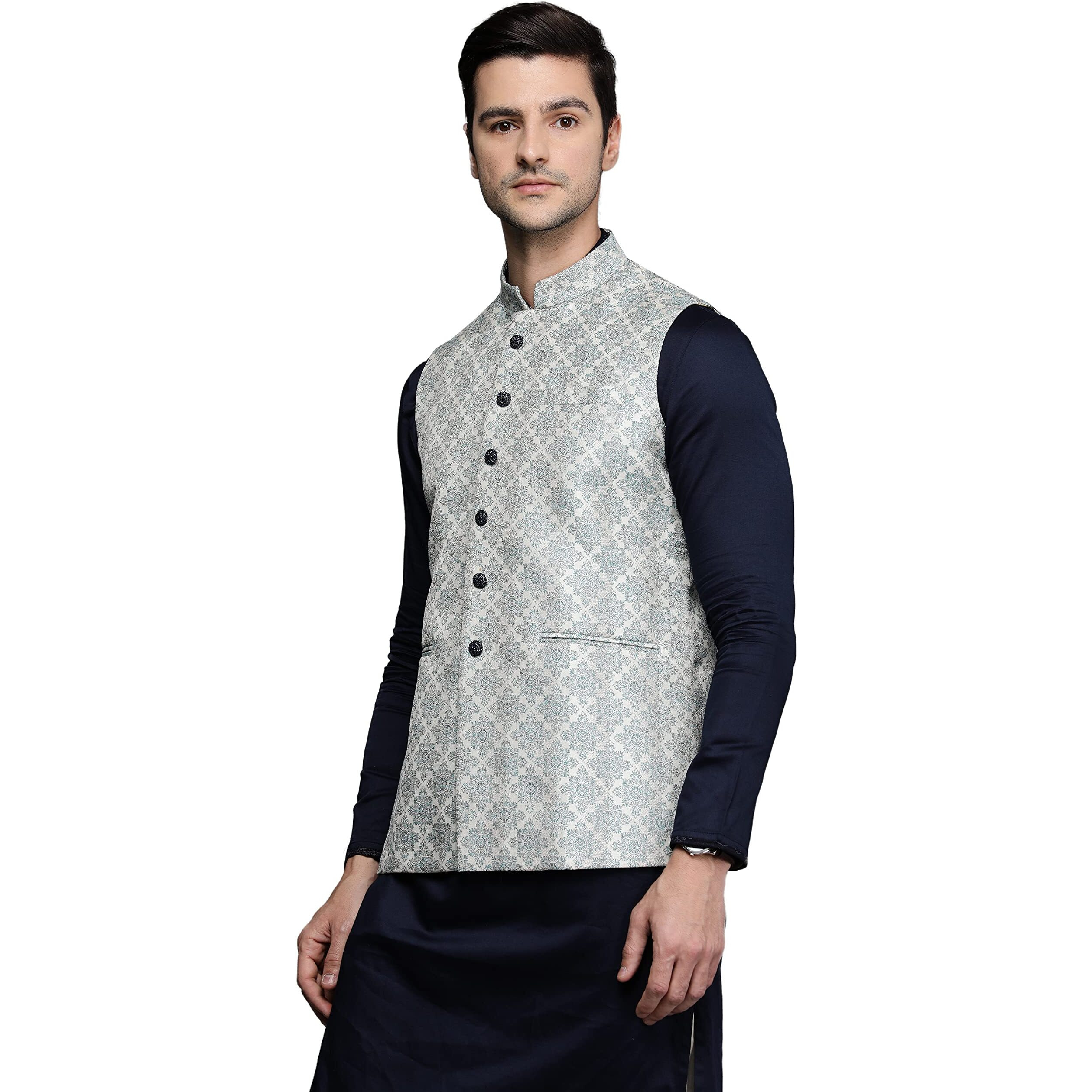 Manyavar Men's Nehru Jacket (Jac157-326_Feroze_S)
