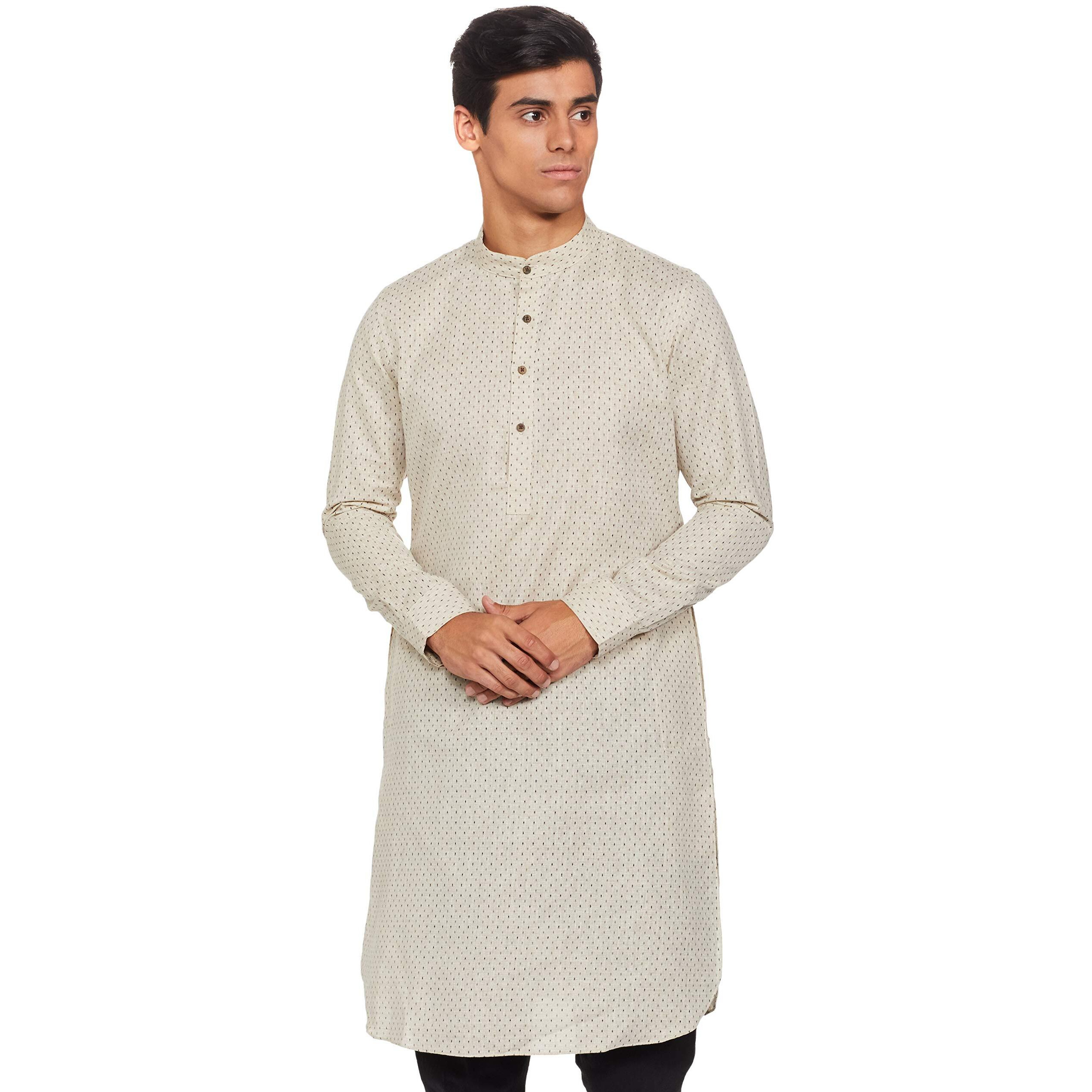 Manyavar Men's Cotton Regular Kurta (Ml11898-304-S_Fawn_Small)
