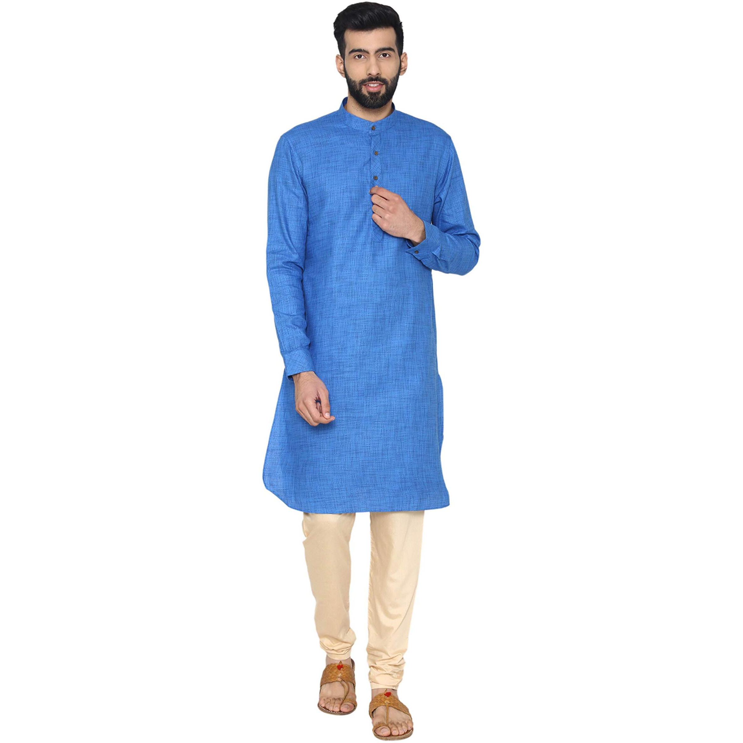 Manyavar Men's Art Silk Kurta (Ml11918_Blue_L)
