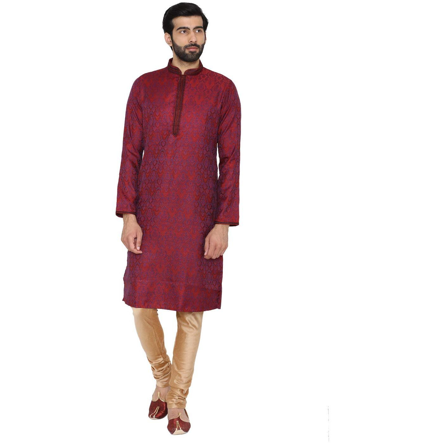 Manyavar Men's Silk Kurta Pyjama (Sosk371_Maroon_Large)