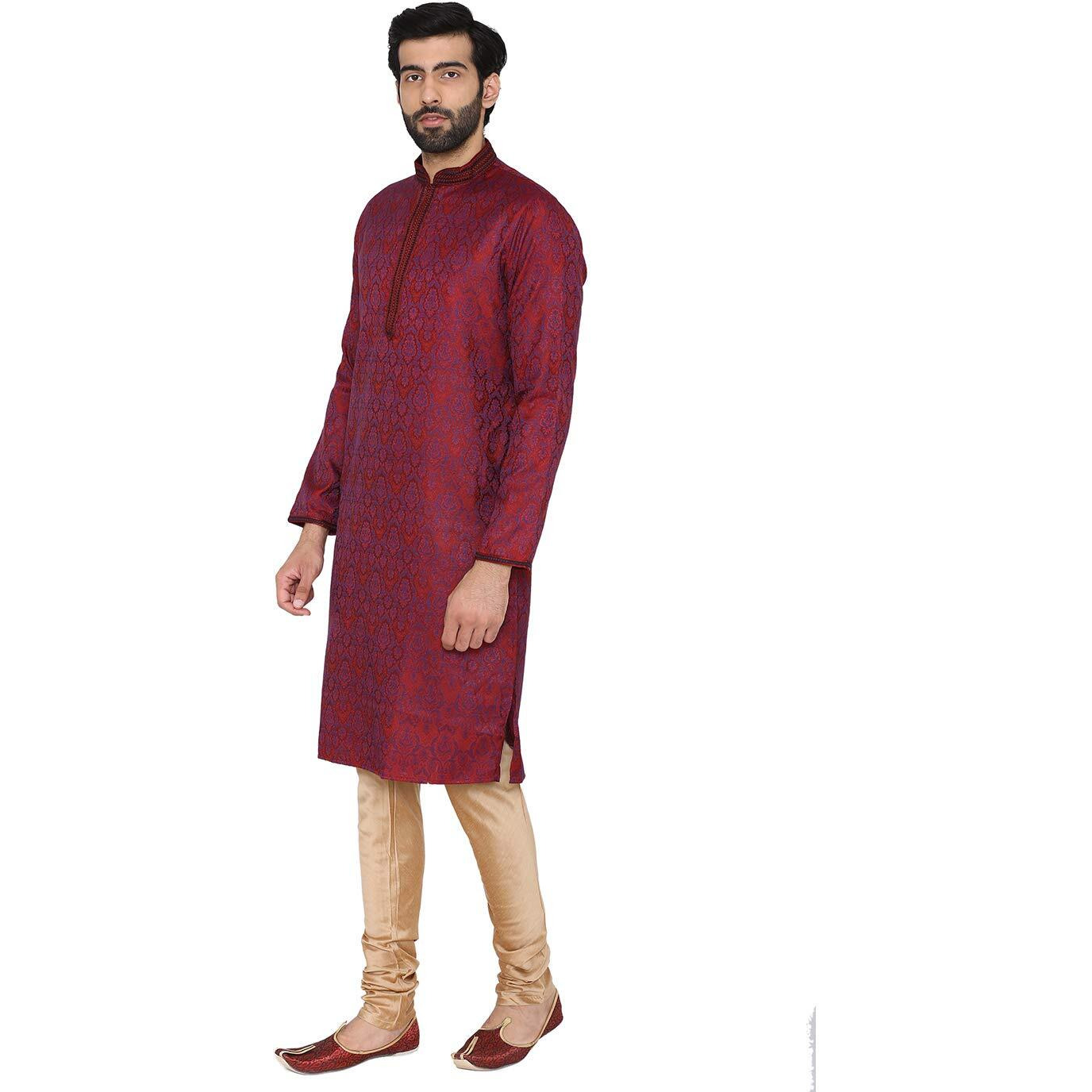 Manyavar Men's Silk Kurta Pyjama (Sosk371_Maroon_Large)
