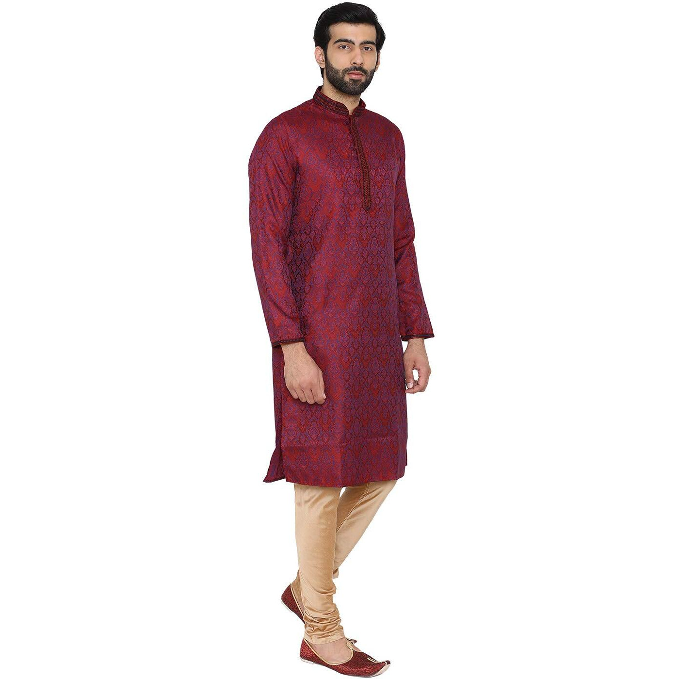 Manyavar Men's Silk Kurta Pyjama (Sosk371_Maroon_Large)