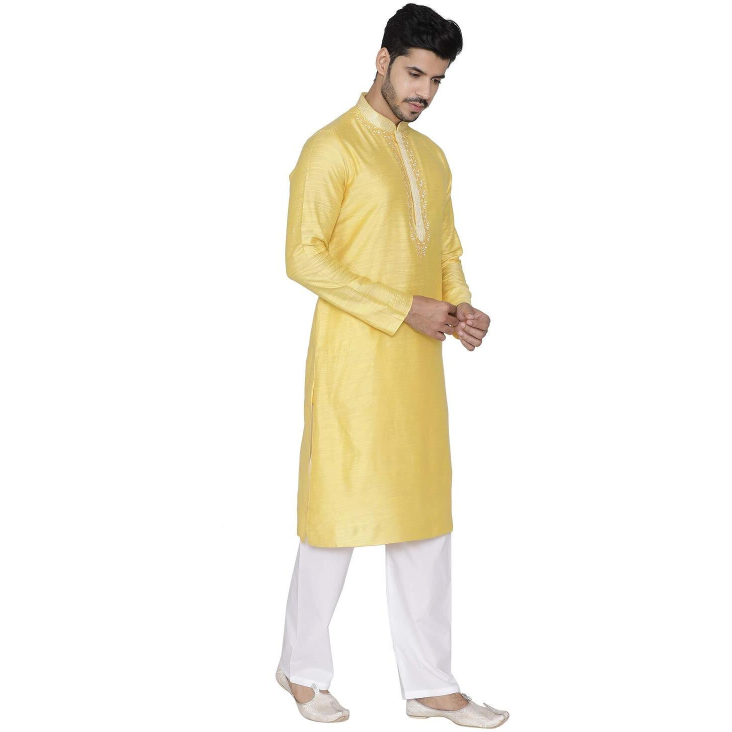 Manyavar Self Design Knee Long Full Sleeves Kurta And Churidar Set For Men - (Yellow, Small)
