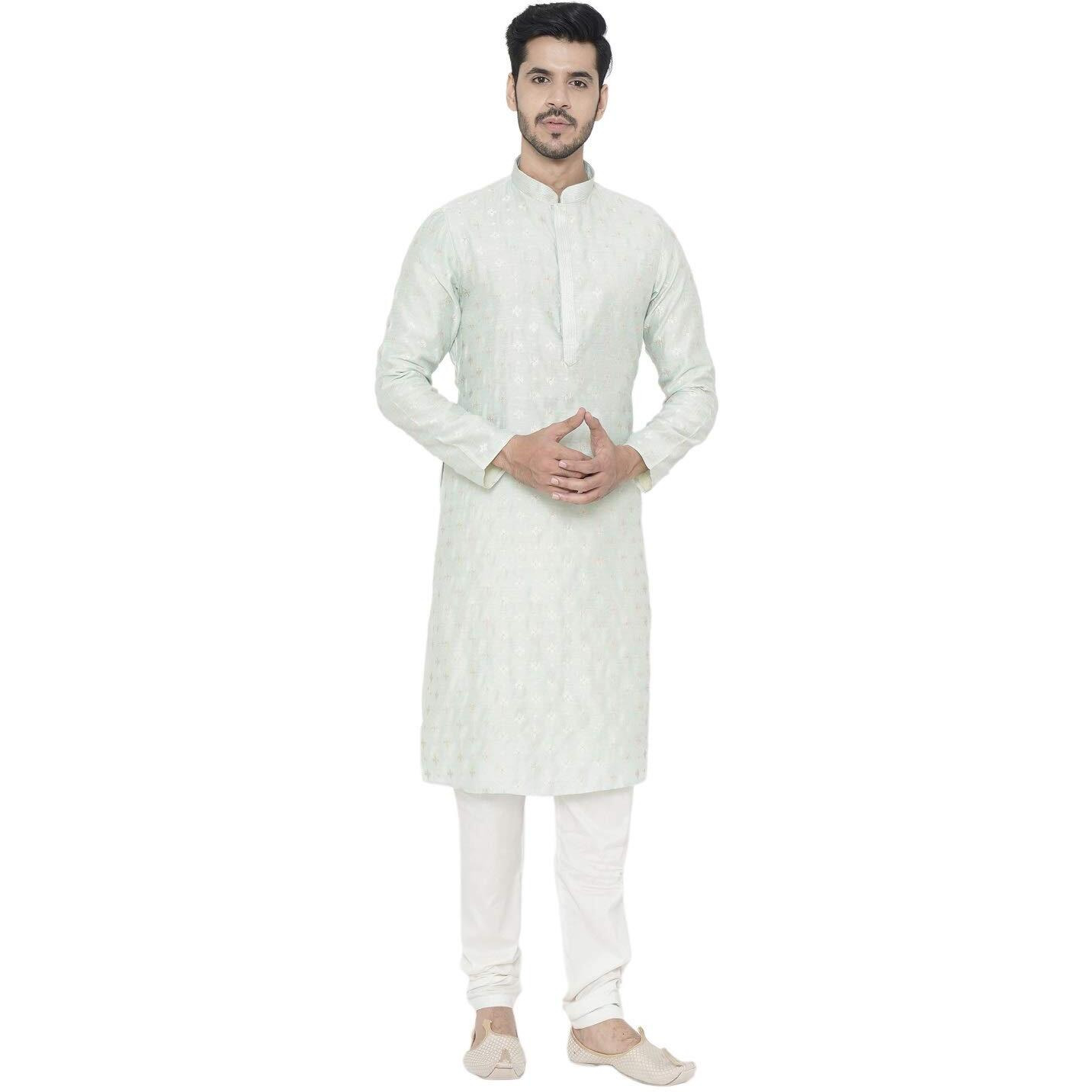 Manyavar Men's Silk Blend Other Kurta Pyjama (Sdes435_Light Mint Green_S)