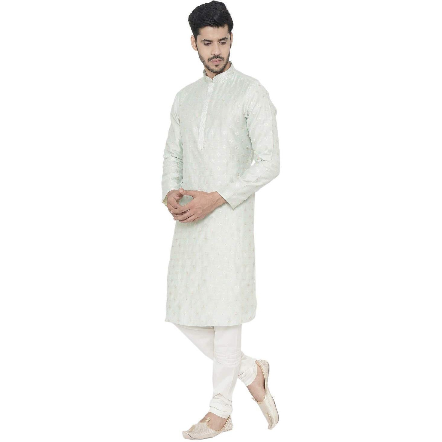 Manyavar Men's Silk Blend Other Kurta Pyjama (Sdes435_Light Mint Green_S)