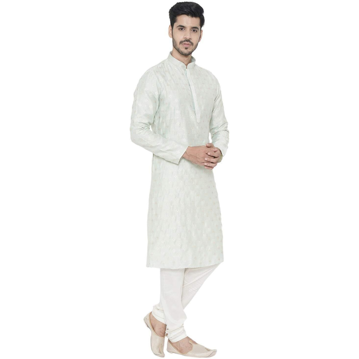 Manyavar Men's Silk Blend Other Kurta Pyjama (Sdes435_Light Mint Green_S)