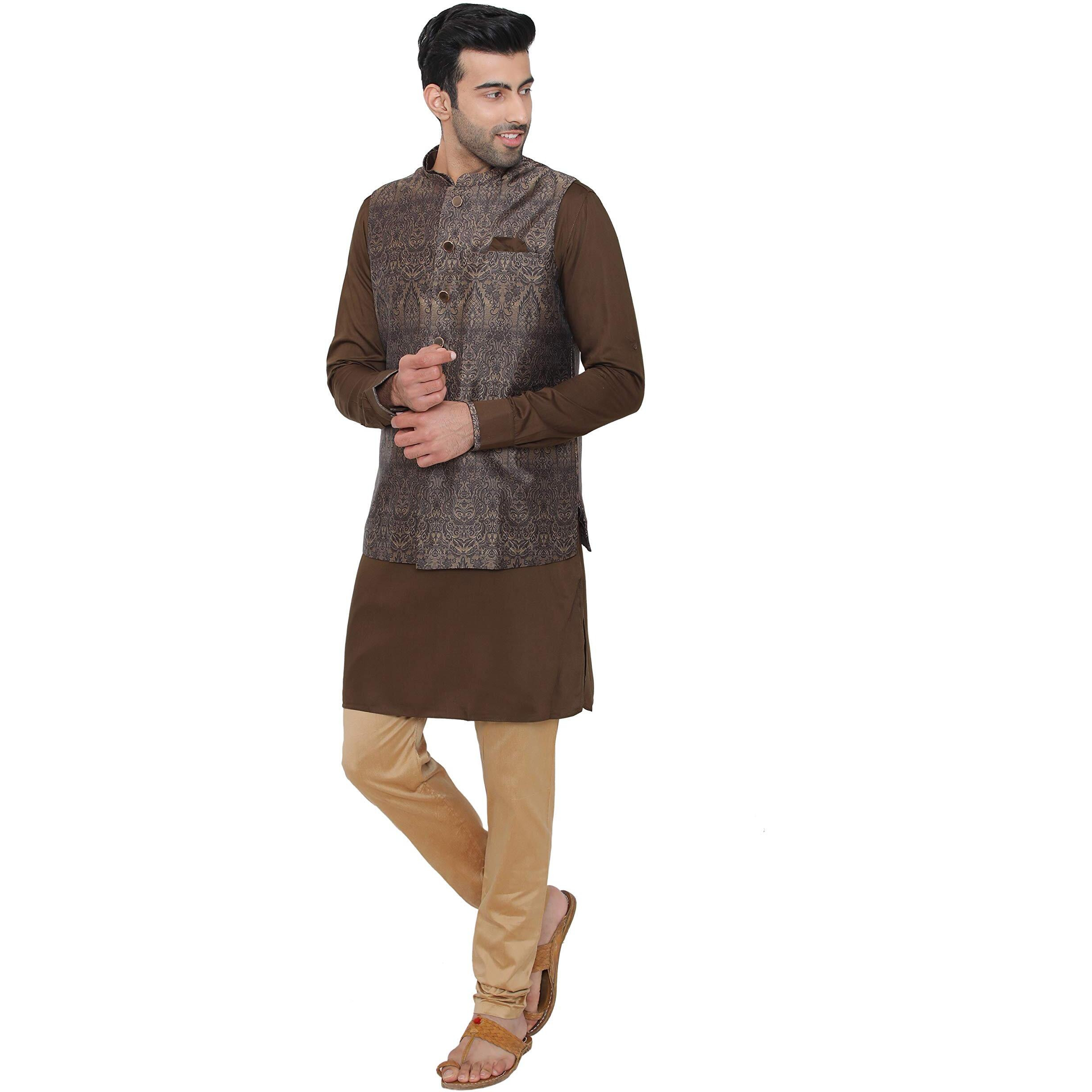 Manyavar Men's Silk Blend Kurta Chudidar (Jast132_Brown_L)