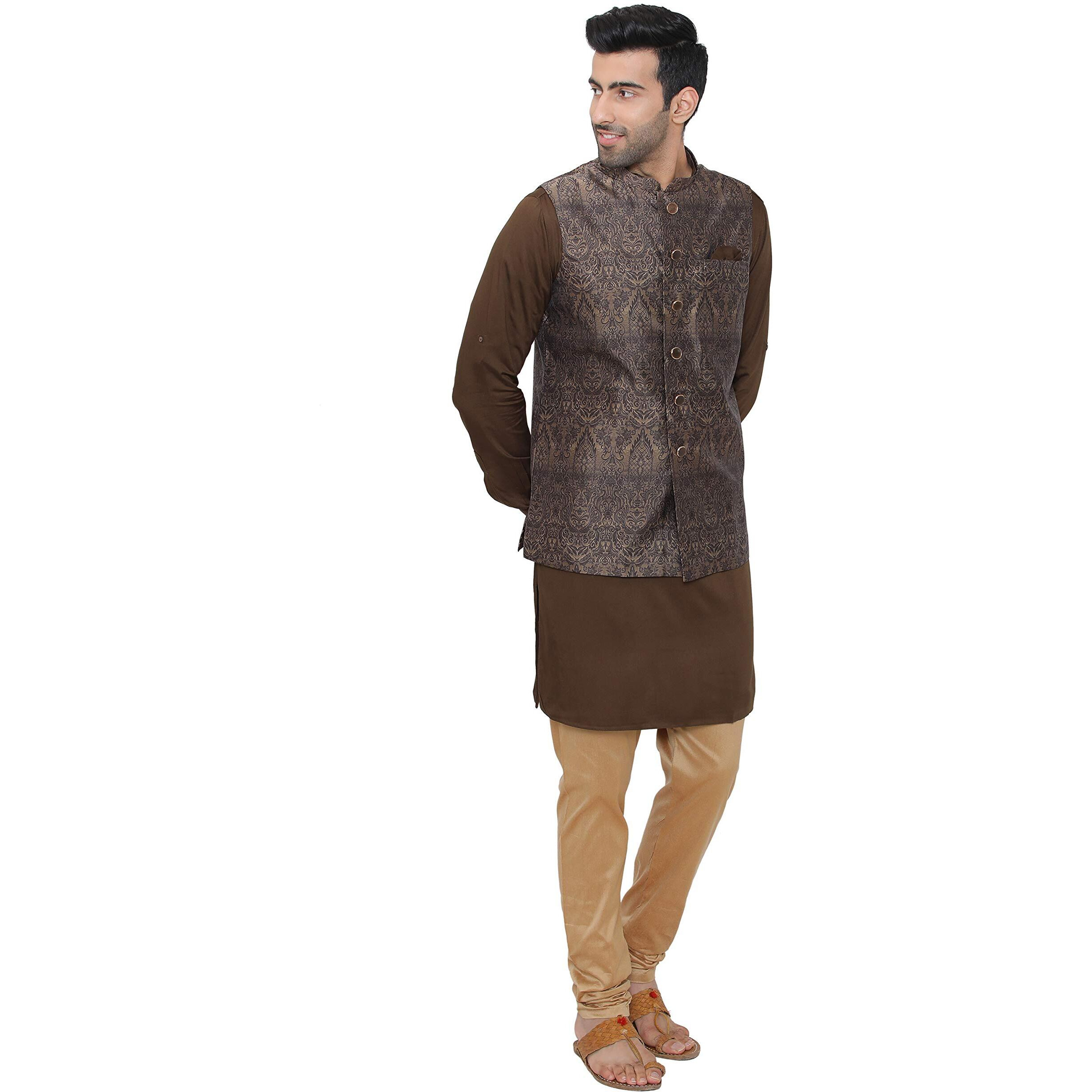 Manyavar Men's Silk Blend Kurta Chudidar (Jast132_Brown_L)
