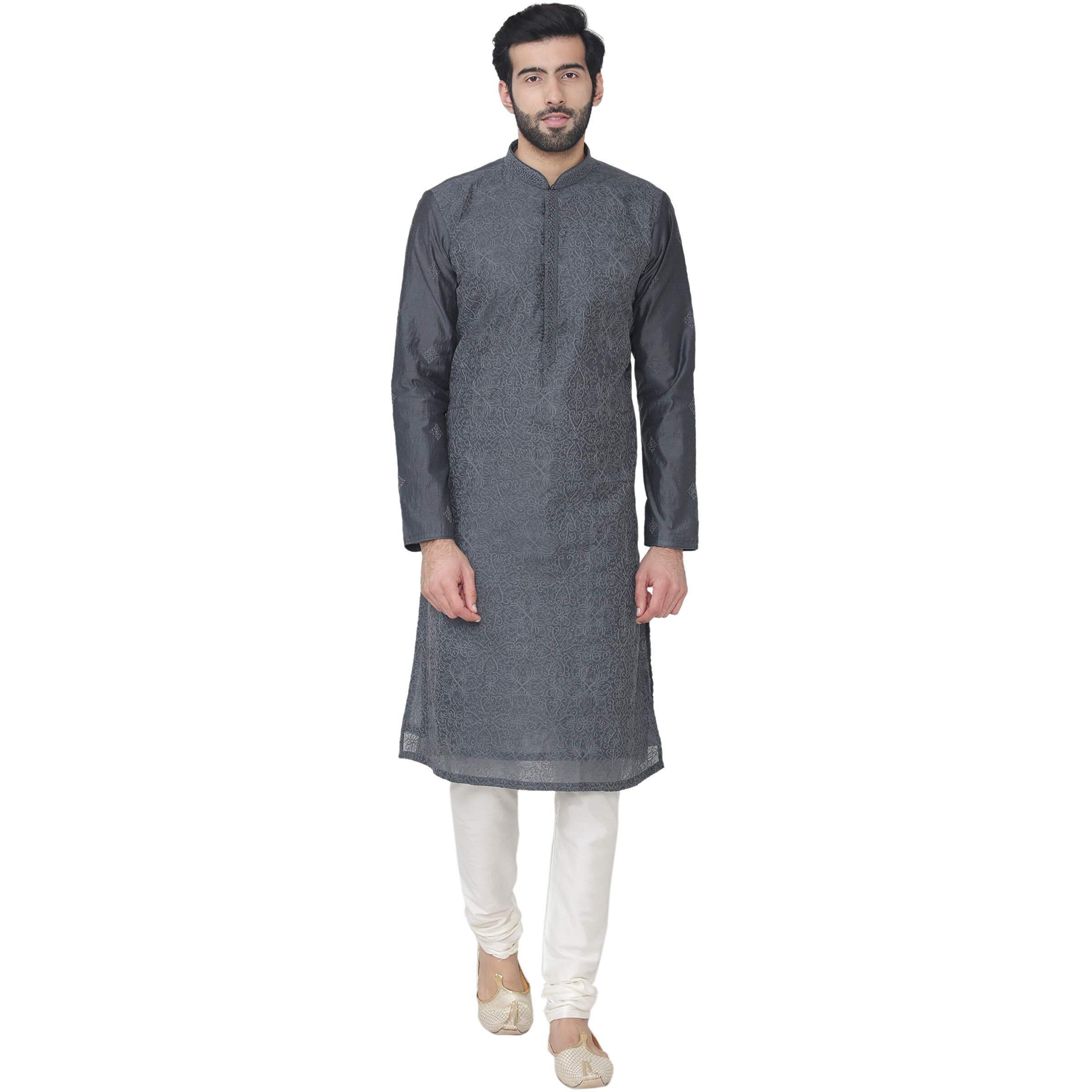 Manyavar Elegant Knee Long Kurta And Churidar Set For Men - Small, Grey, (Sosk418-314)
