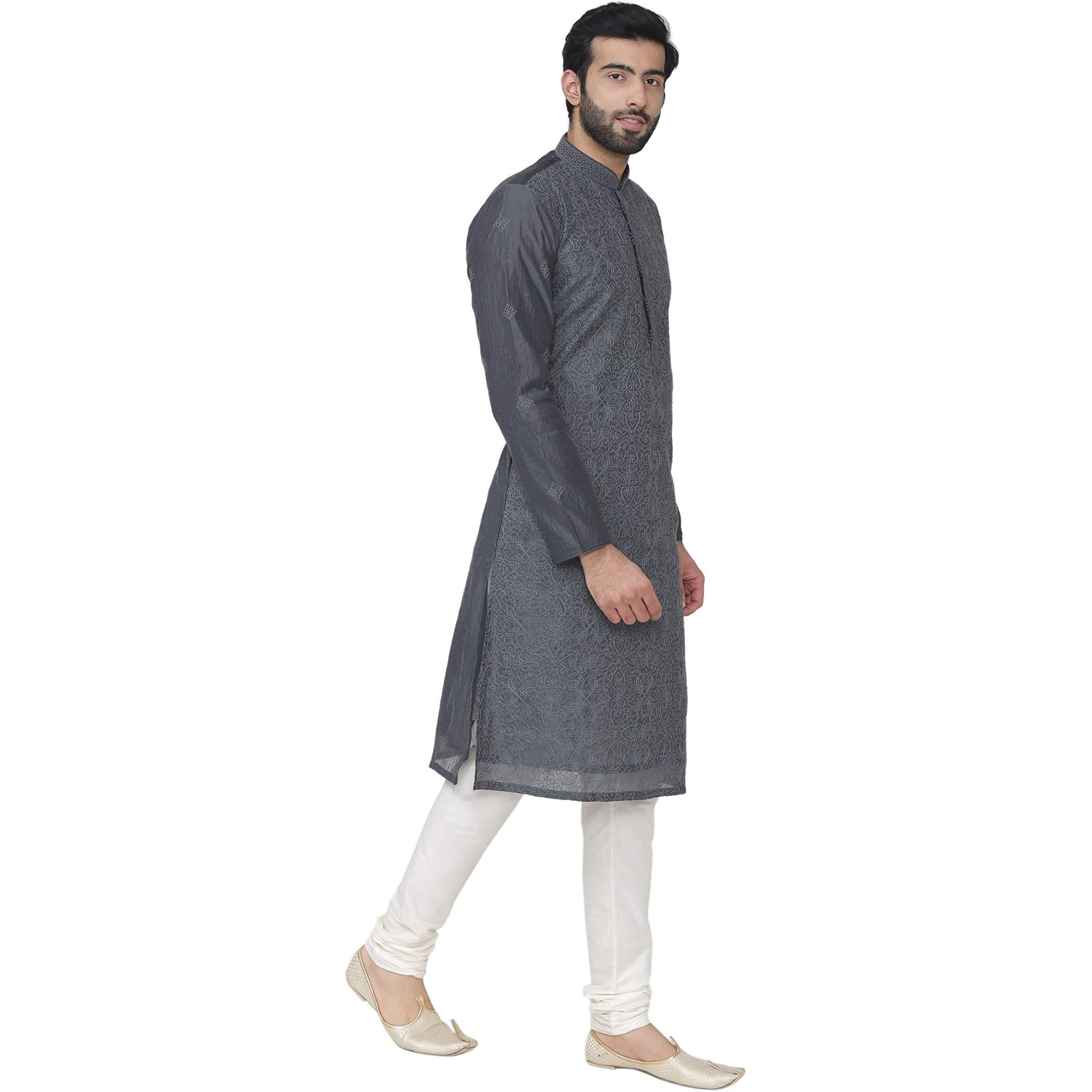 Manyavar Elegant Knee Long Kurta And Churidar Set For Men - Small, Grey, (Sosk418-314)