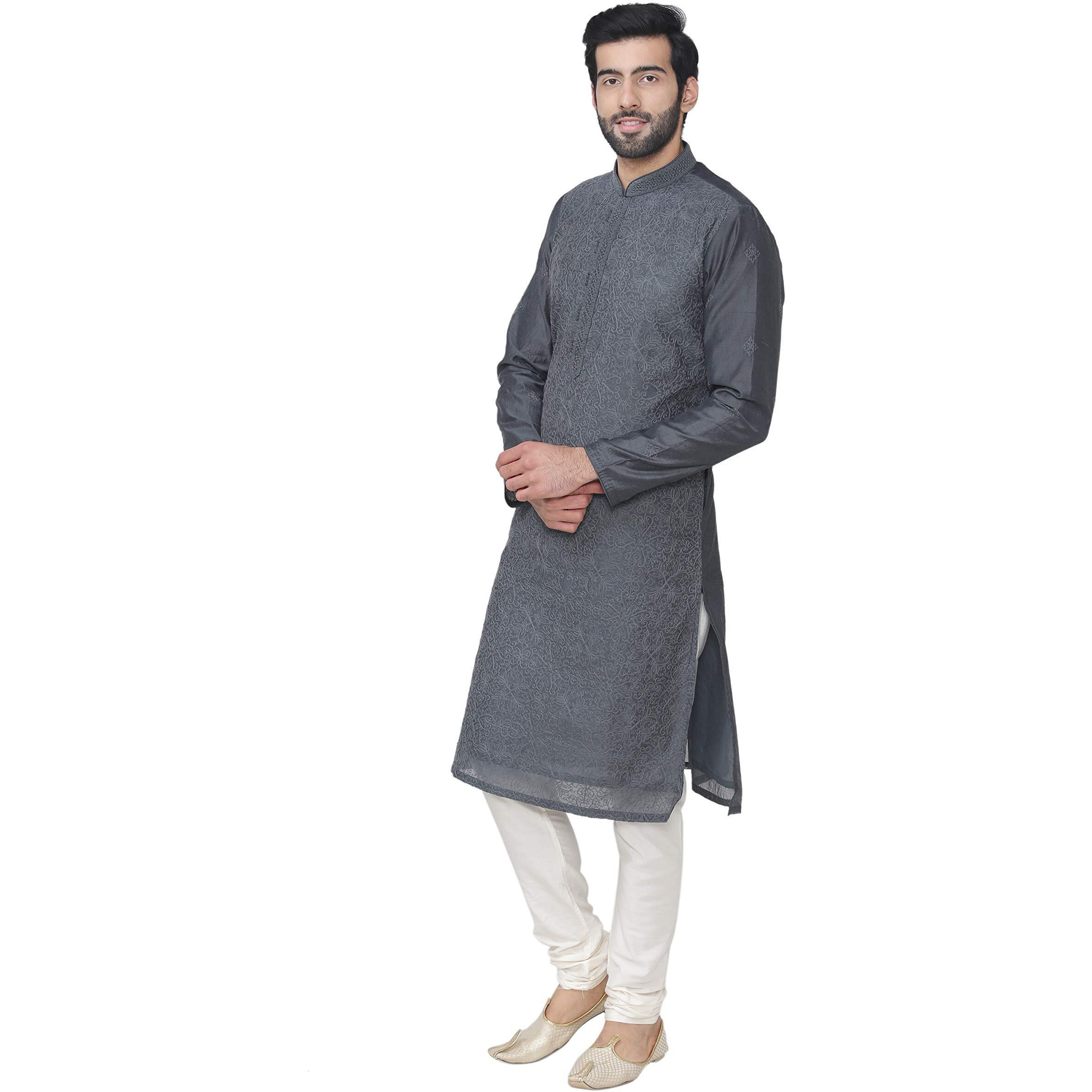 Manyavar Elegant Knee Long Kurta And Churidar Set For Men - Small, Grey, (Sosk418-314)