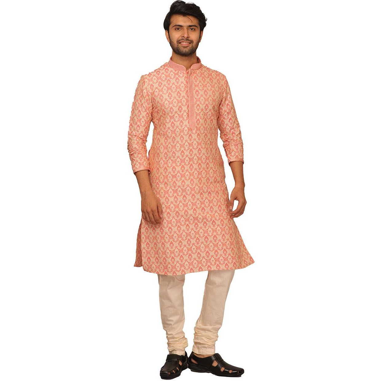 Manyavar Symmetrical Motif Orange Kurta Set For Mens(Small,Pink)