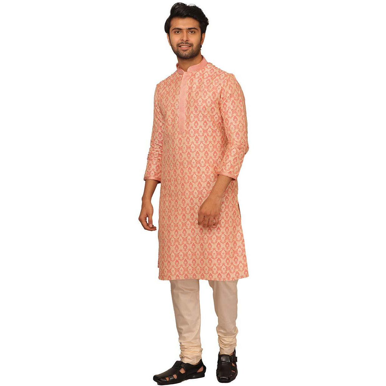 Manyavar Symmetrical Motif Orange Kurta Set For Mens(Small,Pink)