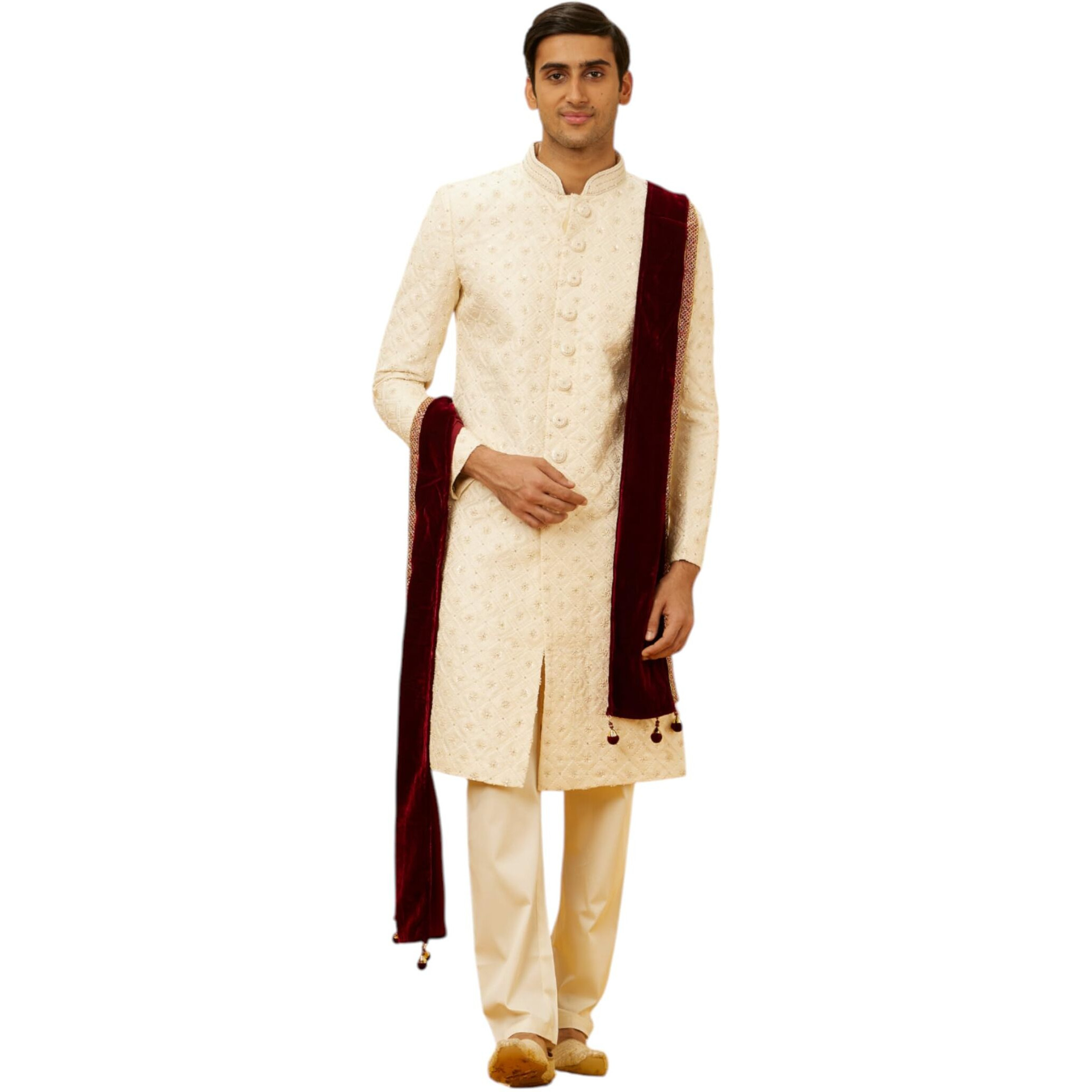 Manyavar Men's Velvet Plain|Hand Embroidery Dupatta (Maroon)