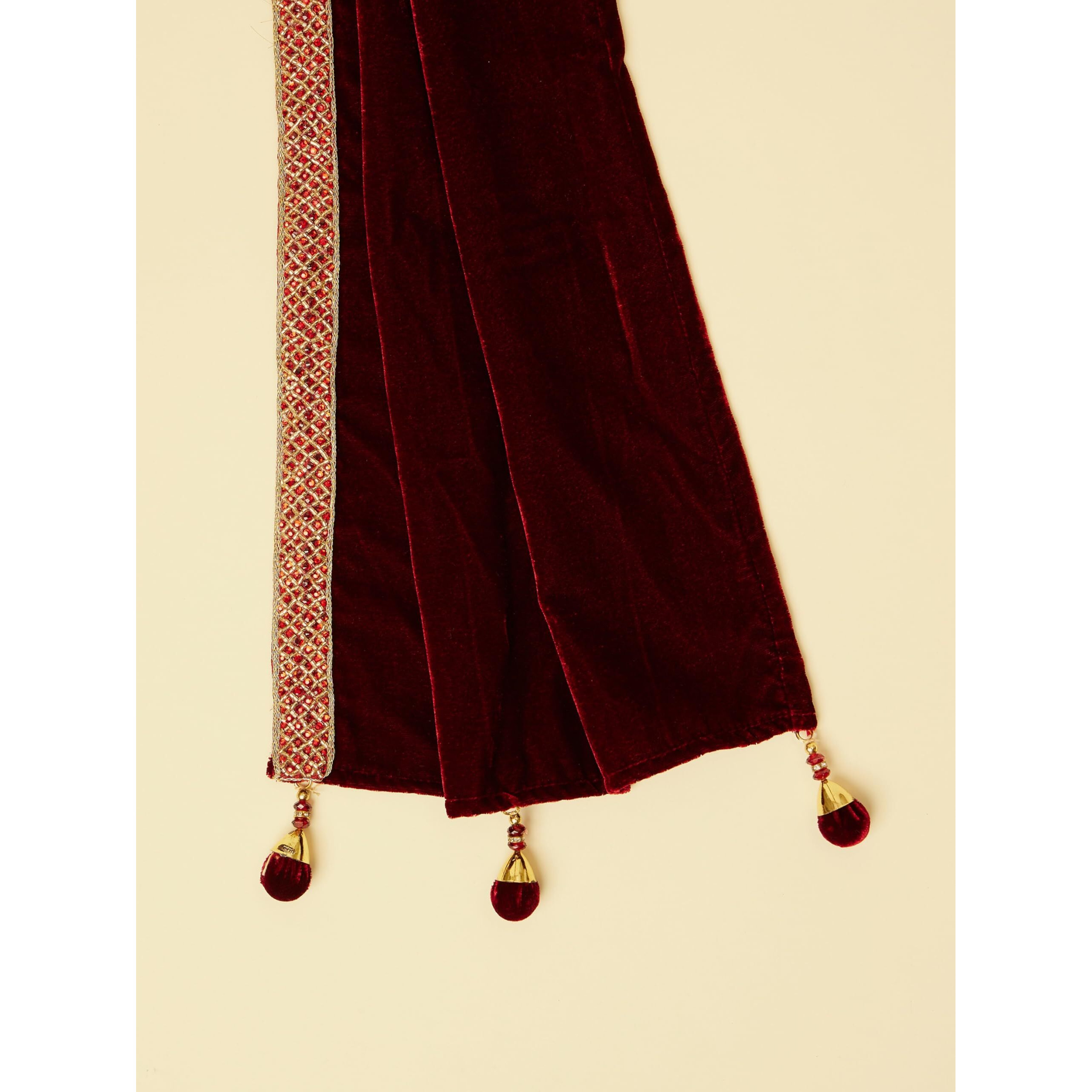 Manyavar Men's Velvet Plain|Hand Embroidery Dupatta (Maroon)