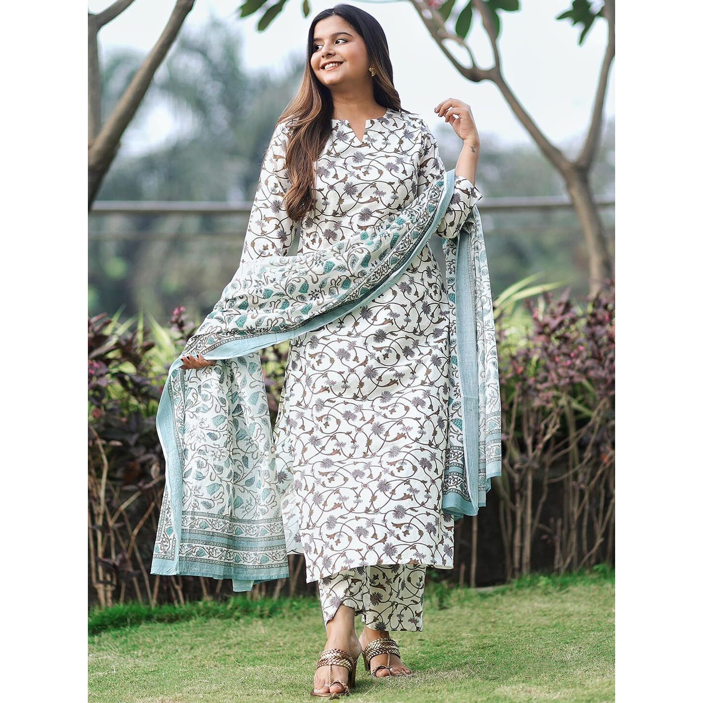 Libas Women's Silk Blend Printed Kurta Set (5746_Off White