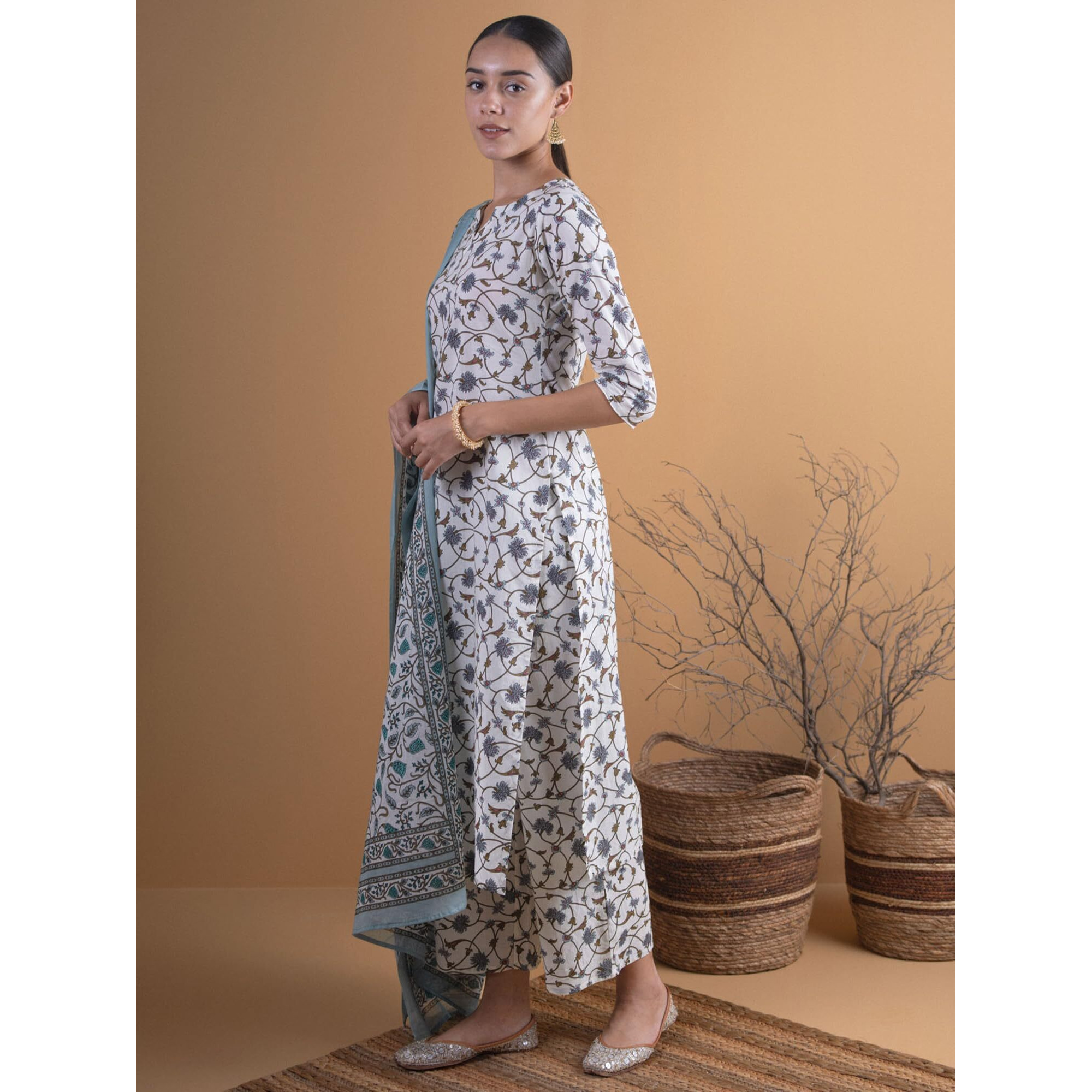 Libas Women's Silk Blend Printed Kurta Set (5746_Off White