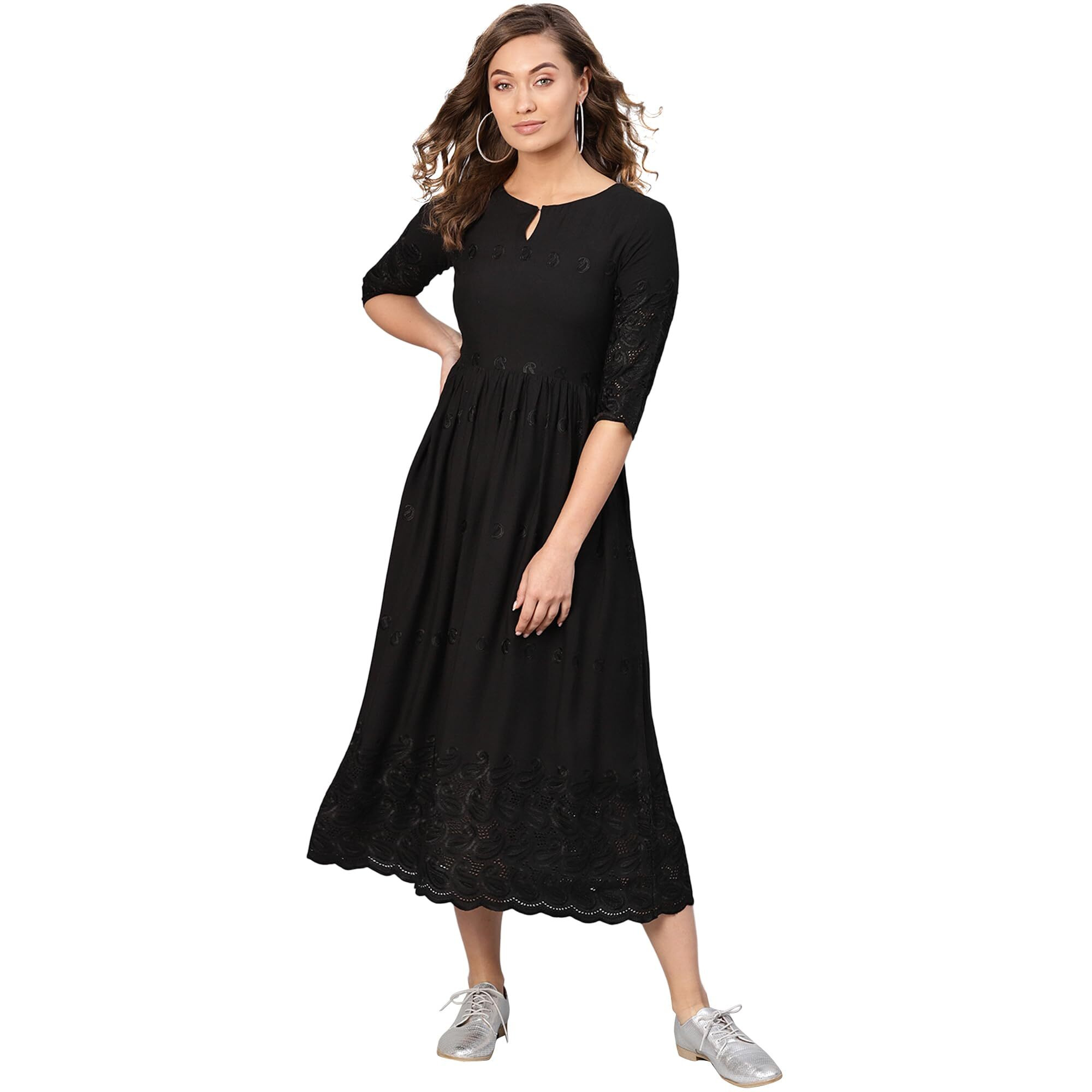 Libas Women's Viscose Rayon A-Line Long Casual Dress (8404Mj_Black