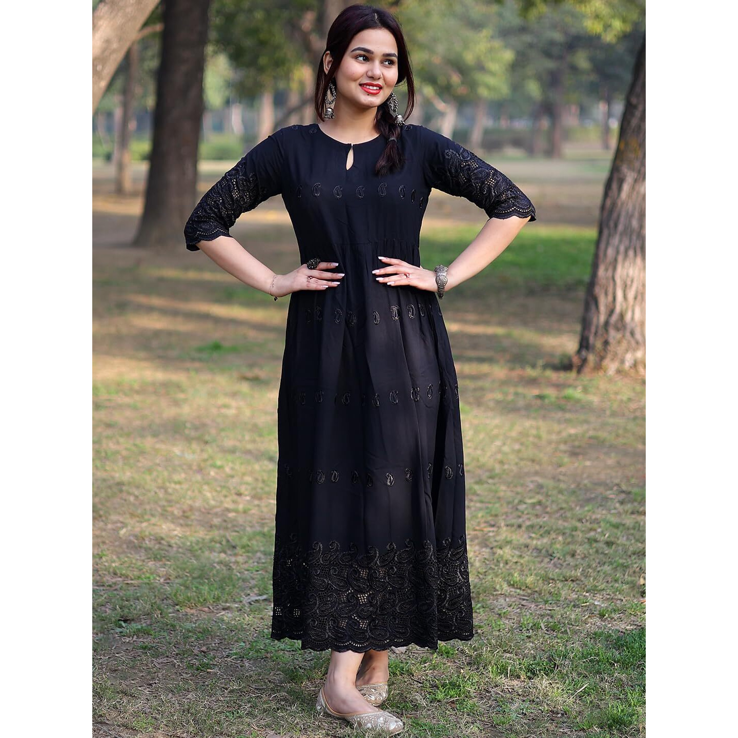 Libas Women's Viscose Rayon A-Line Long Casual Dress (8404Mj_Black