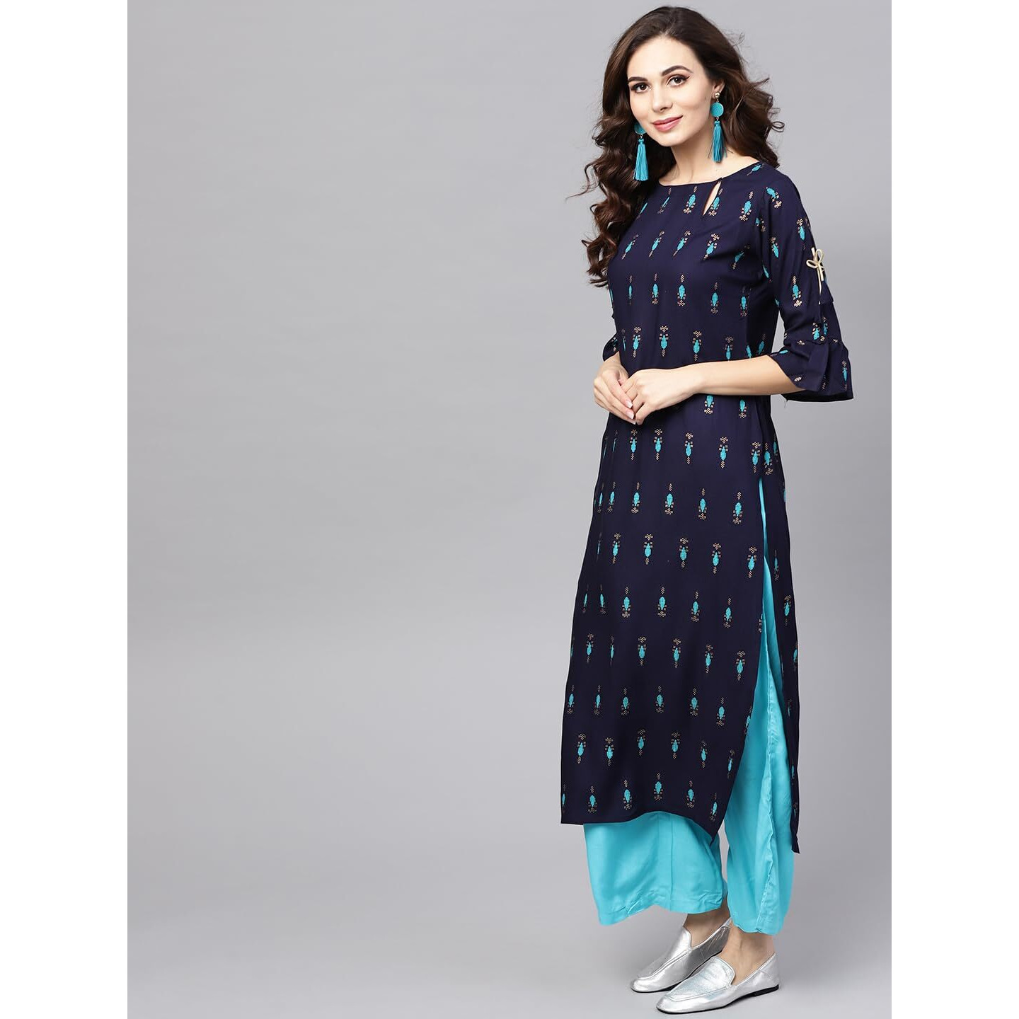 Libas Women's Rayon Printed Straight Kurta (8072Mj_Navy Blue