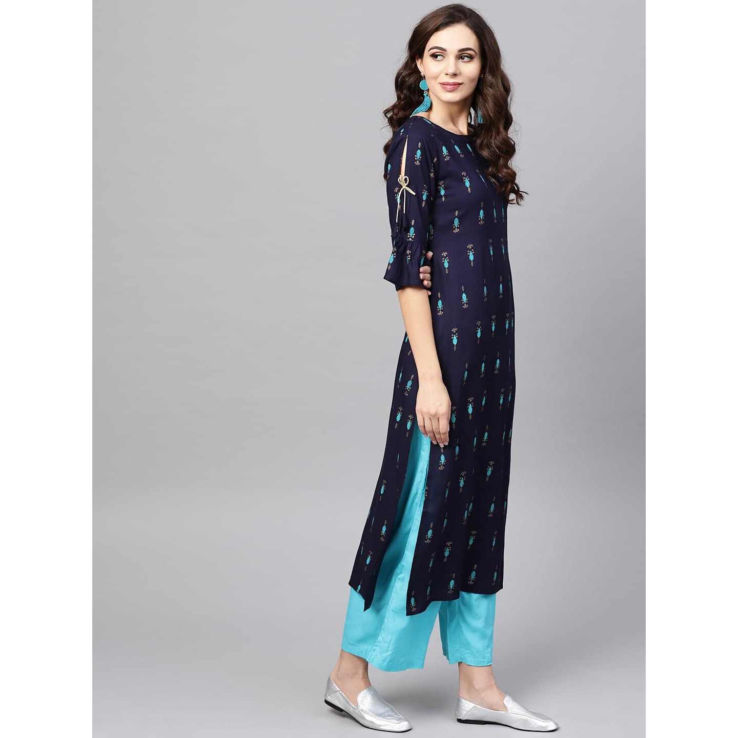 Libas Women's Rayon Printed Straight Kurta (8072Mj_Navy Blue