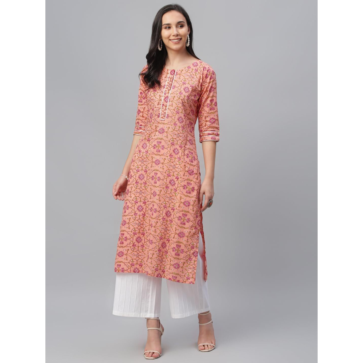 Libas Women's Cotton Printed Straight Kurta (9107F_Peach