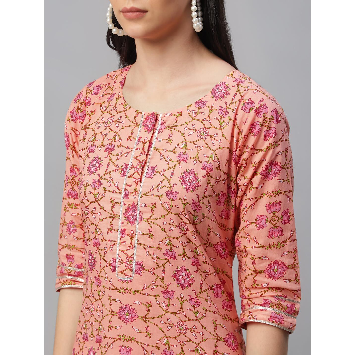 Libas Women's Cotton Printed Straight Kurta (9107F_Peach