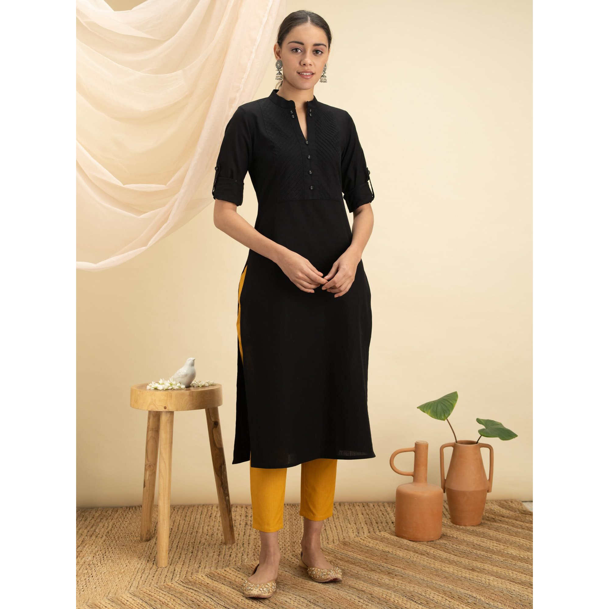 Libas Women's Cotton Solid Straight Kurta (12026O_Black