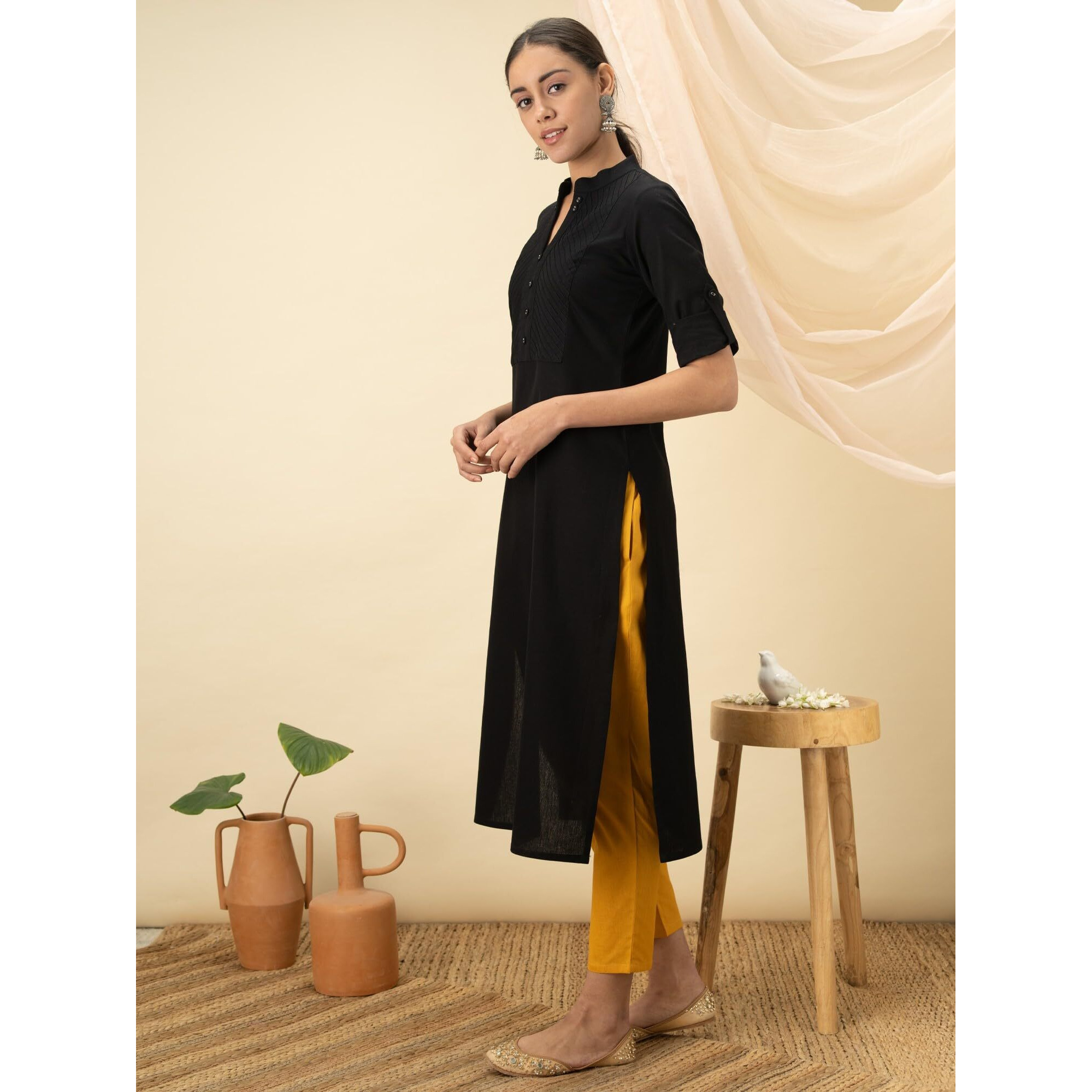Libas Women's Cotton Solid Straight Kurta (12026O_Black