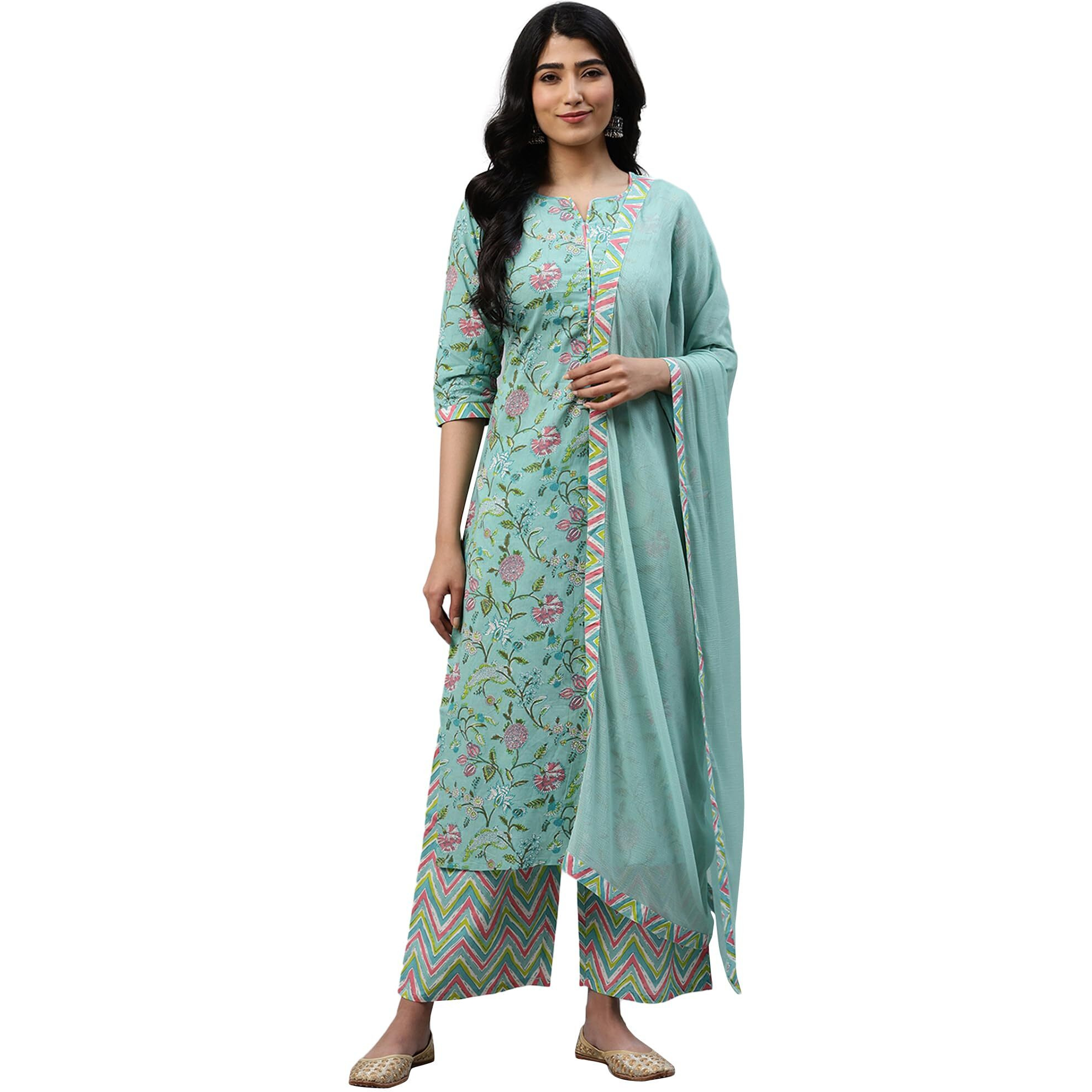Libas Womens Printed Cotton Straight Kurta With Palazzos And Dupatta
