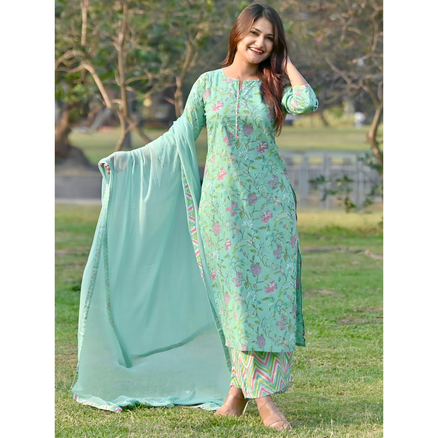 Libas Womens Printed Cotton Straight Kurta With Palazzos And Dupatta