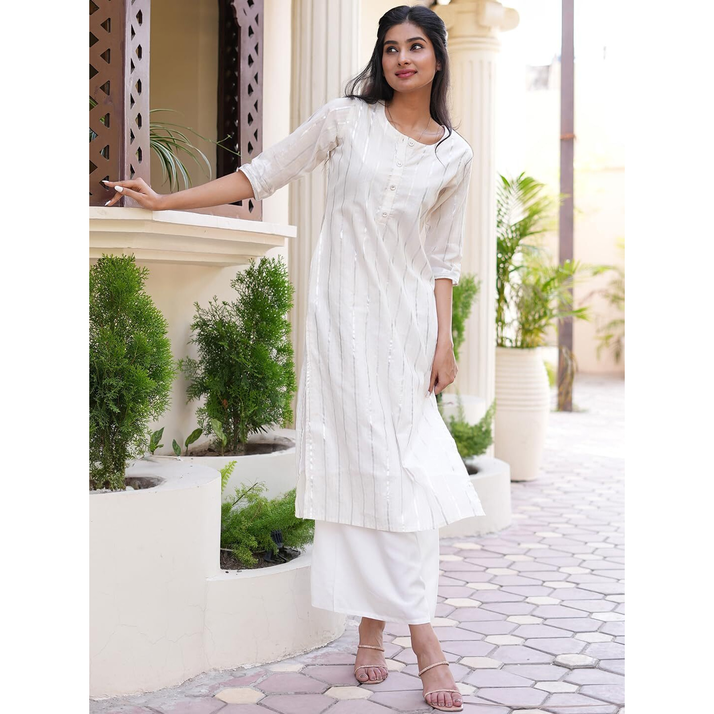 Libas Women's Cotton Woven Design Straight Kurta (12067O_White