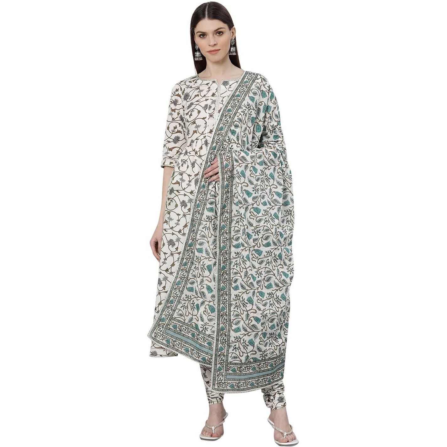 Libas White Printed Cotton Anarkali Kurta With Churidar & Dupatta