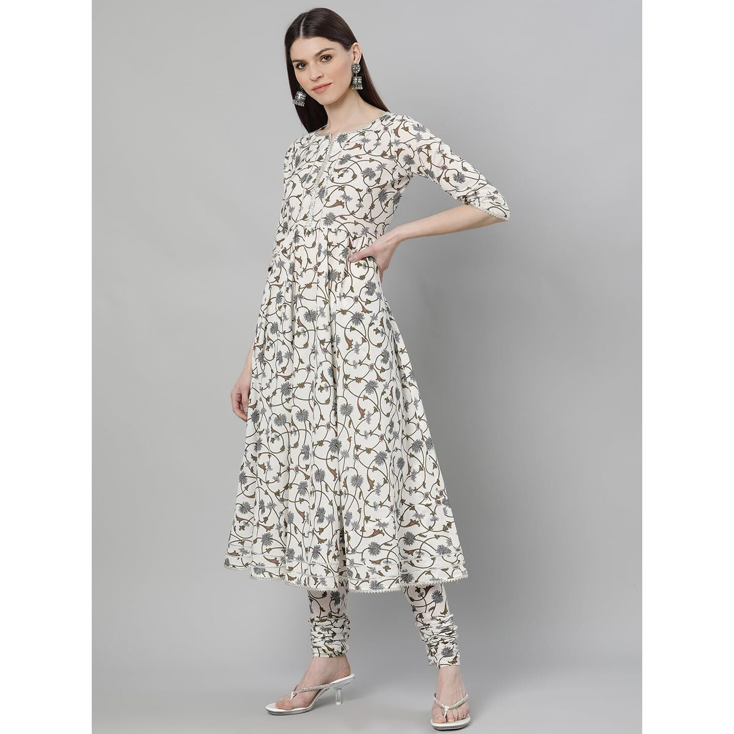 Libas White Printed Cotton Anarkali Kurta With Churidar & Dupatta