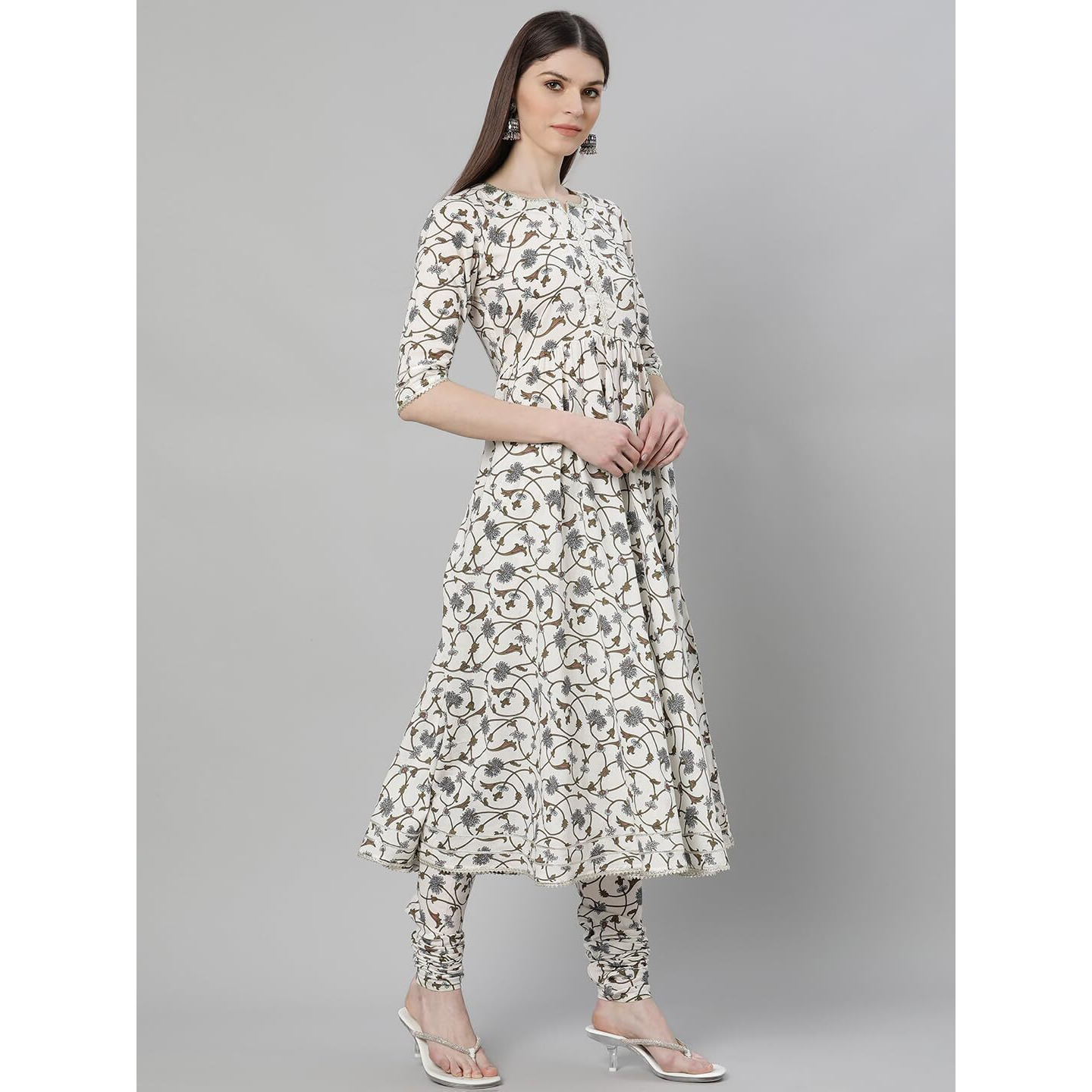 Libas White Printed Cotton Anarkali Kurta With Churidar & Dupatta