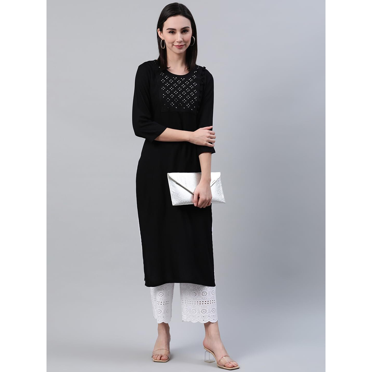 Libas Women's Rayon Blend Solid Straight Kurta (12079_Black