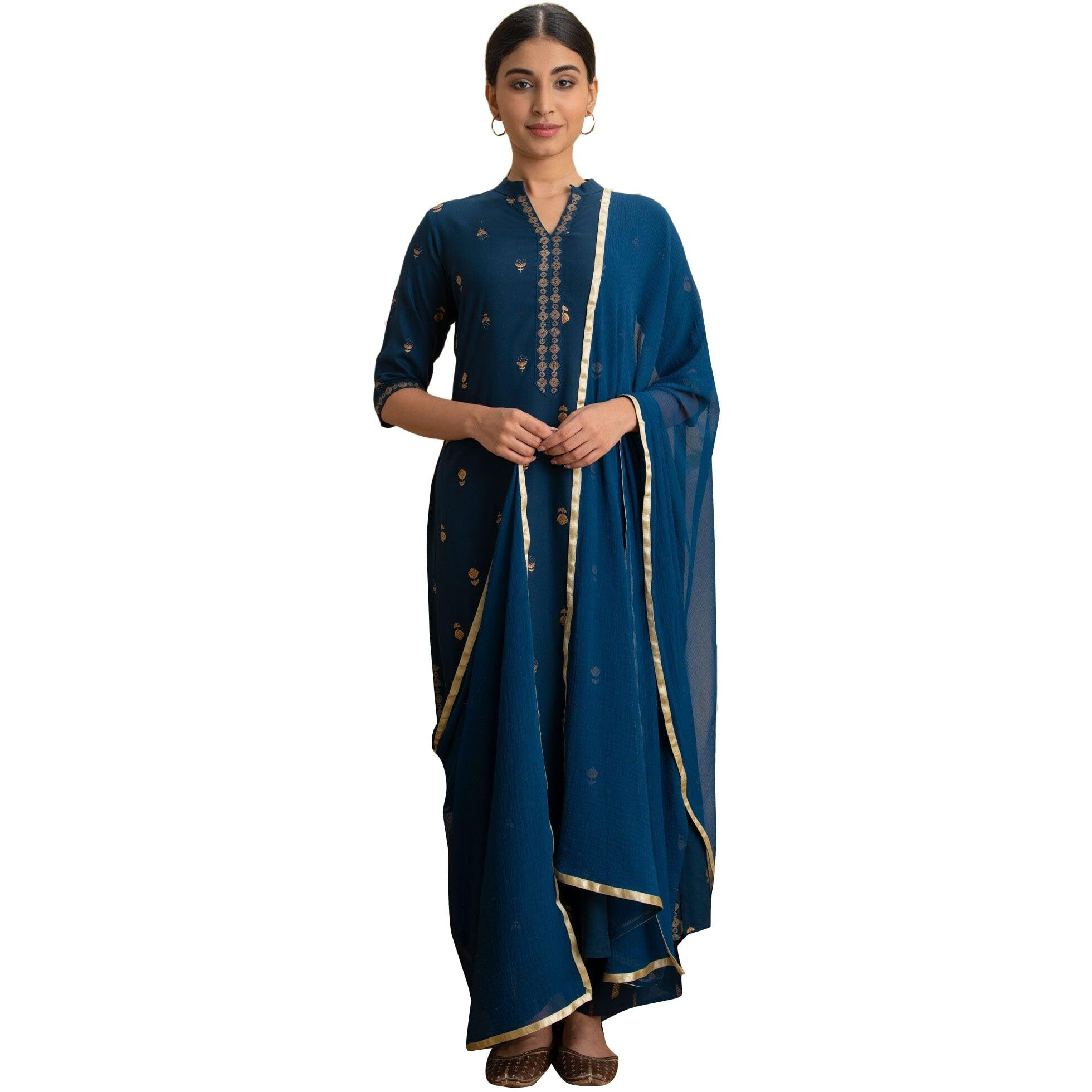 Libas Womens Printed Viscose Straight Kurta With Palazzos And Dupatta