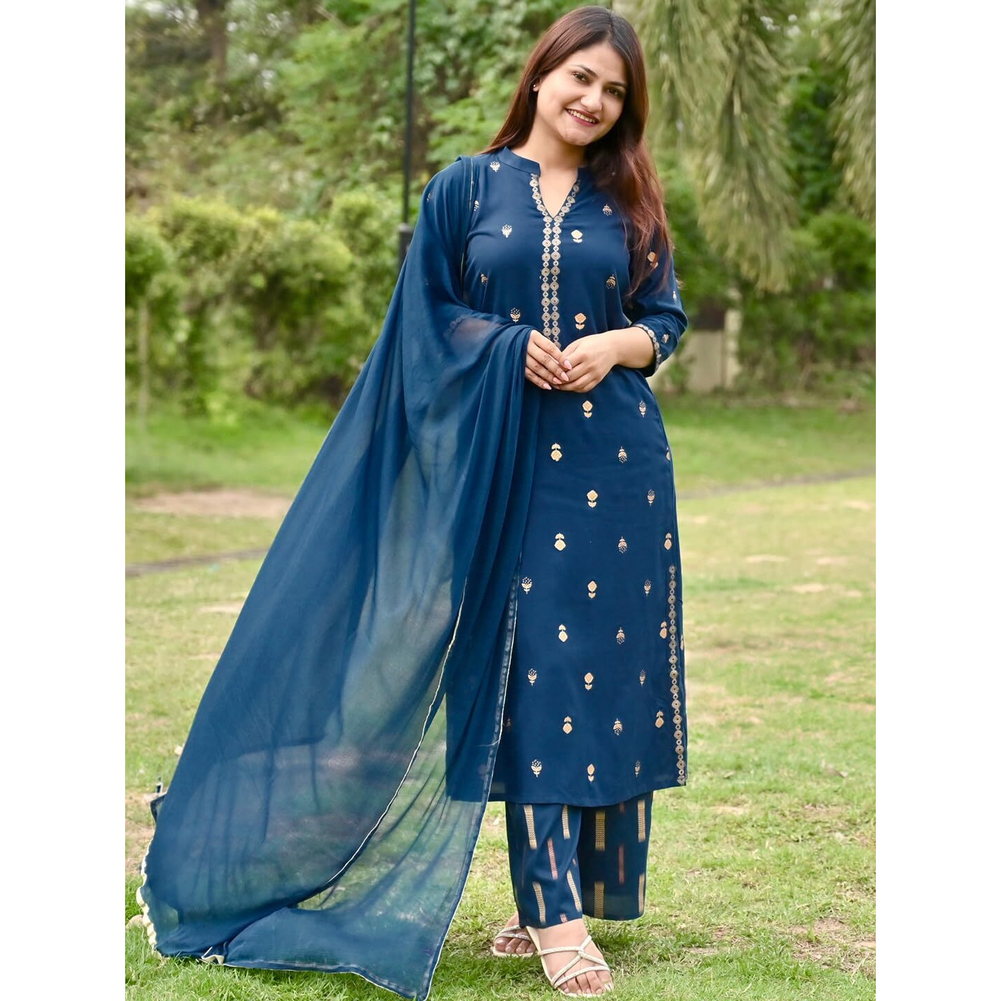 Libas Womens Printed Viscose Straight Kurta With Palazzos And Dupatta