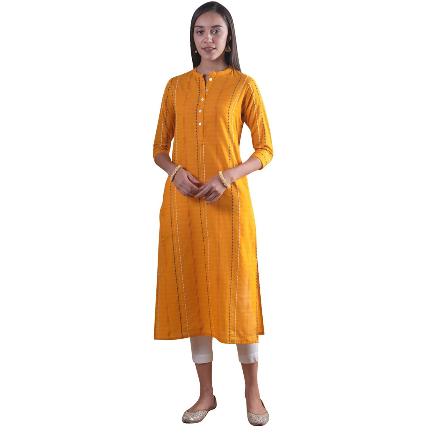 Libas Women's Cotton Printed Straight Kurta (8015Mj_Yellow