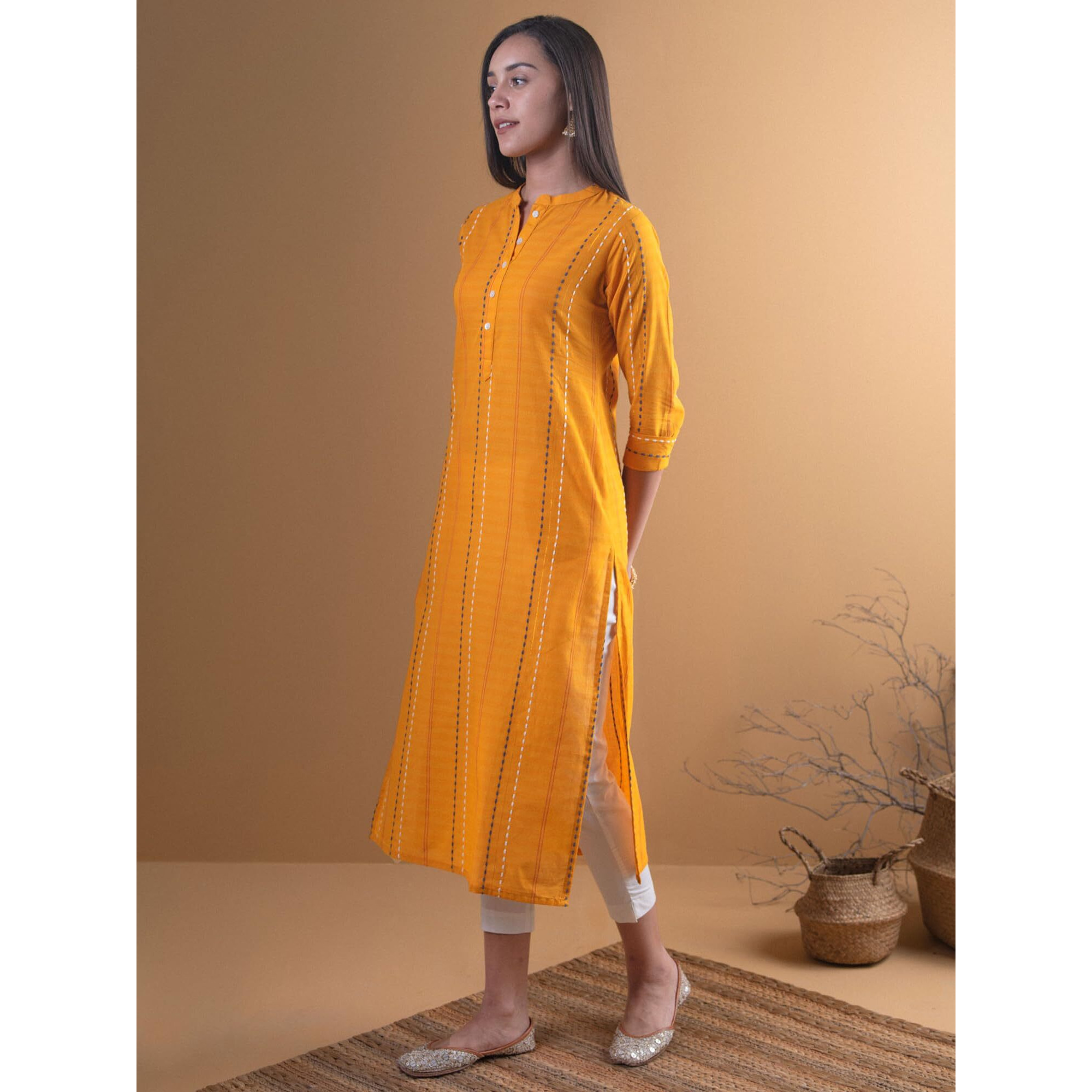 Libas Women's Cotton Printed Straight Kurta (8015Mj_Yellow