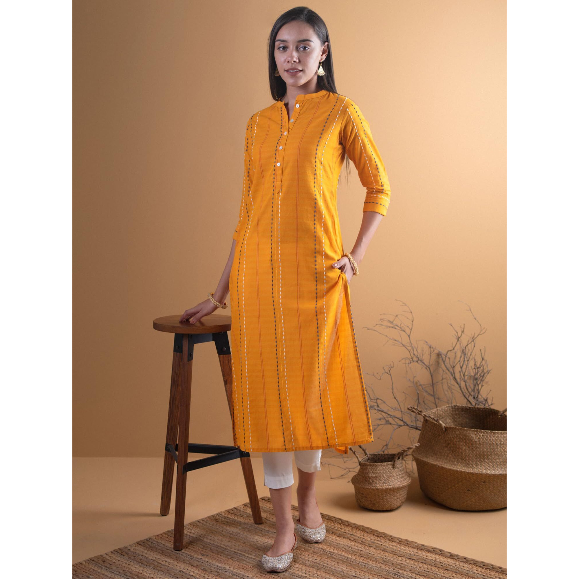 Libas Women's Cotton Printed Straight Kurta (8015Mj_Yellow