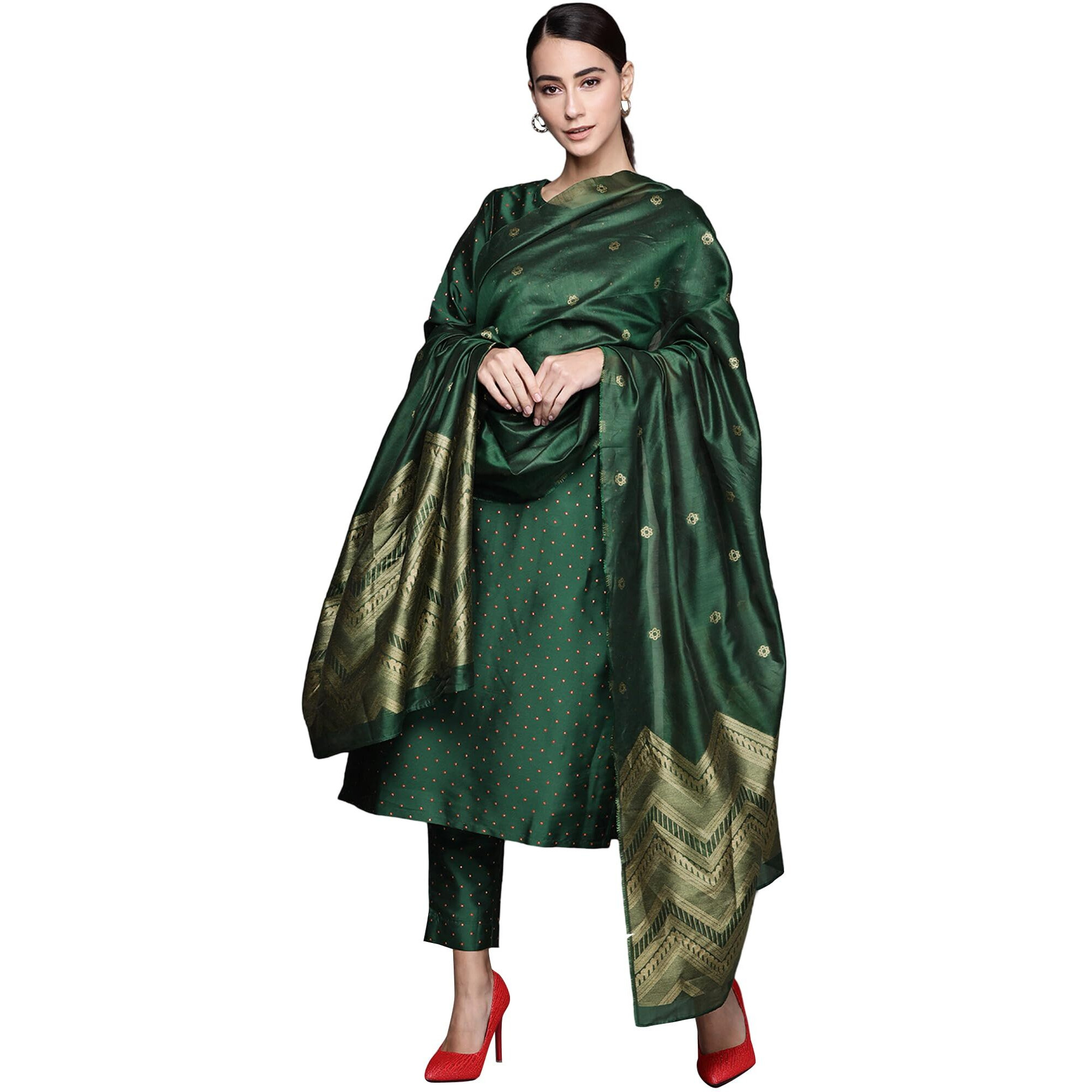 Libas Womens Self Design Silk Blend Straight Kurta With Trousers And Dupatta