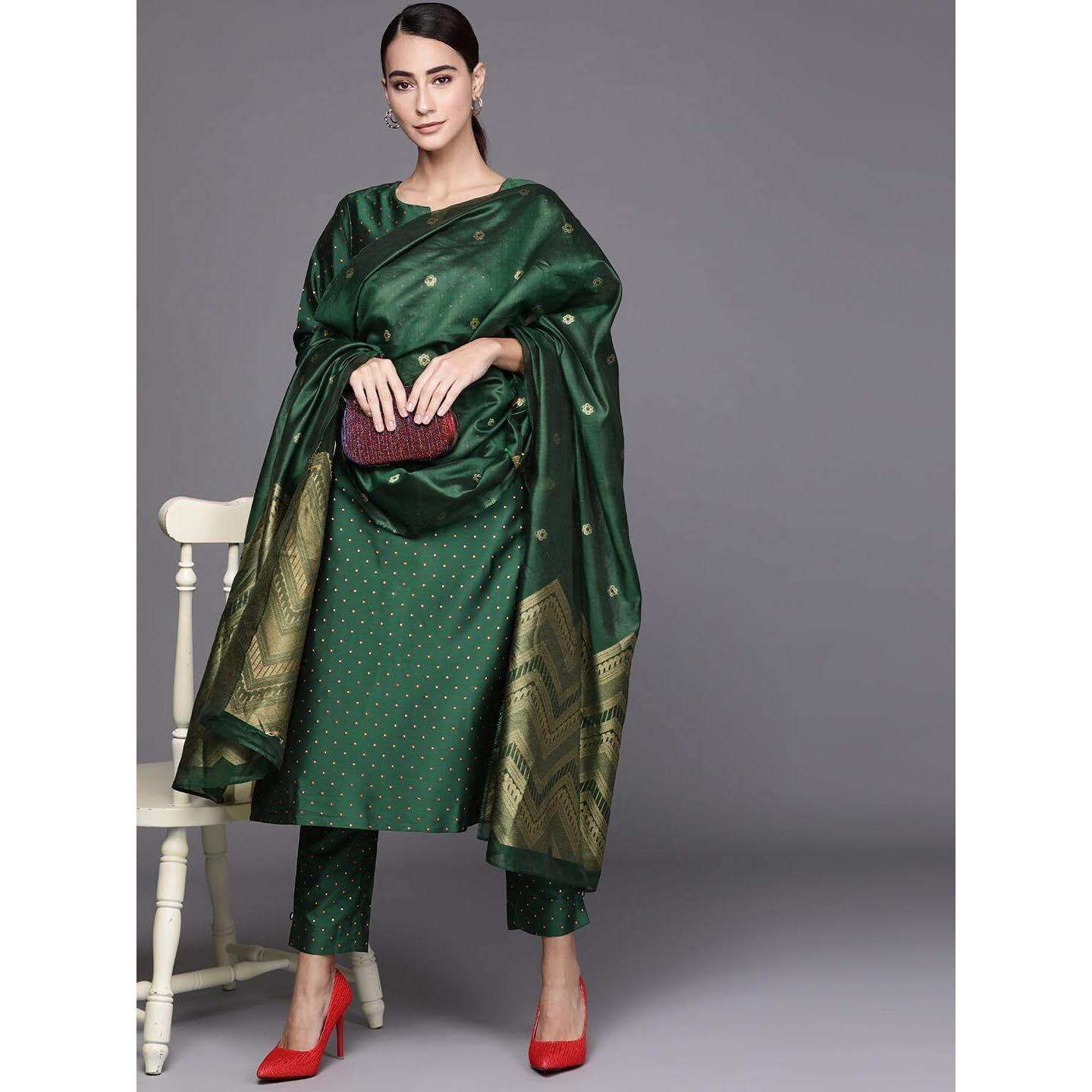 Libas Womens Self Design Silk Blend Straight Kurta With Trousers And Dupatta