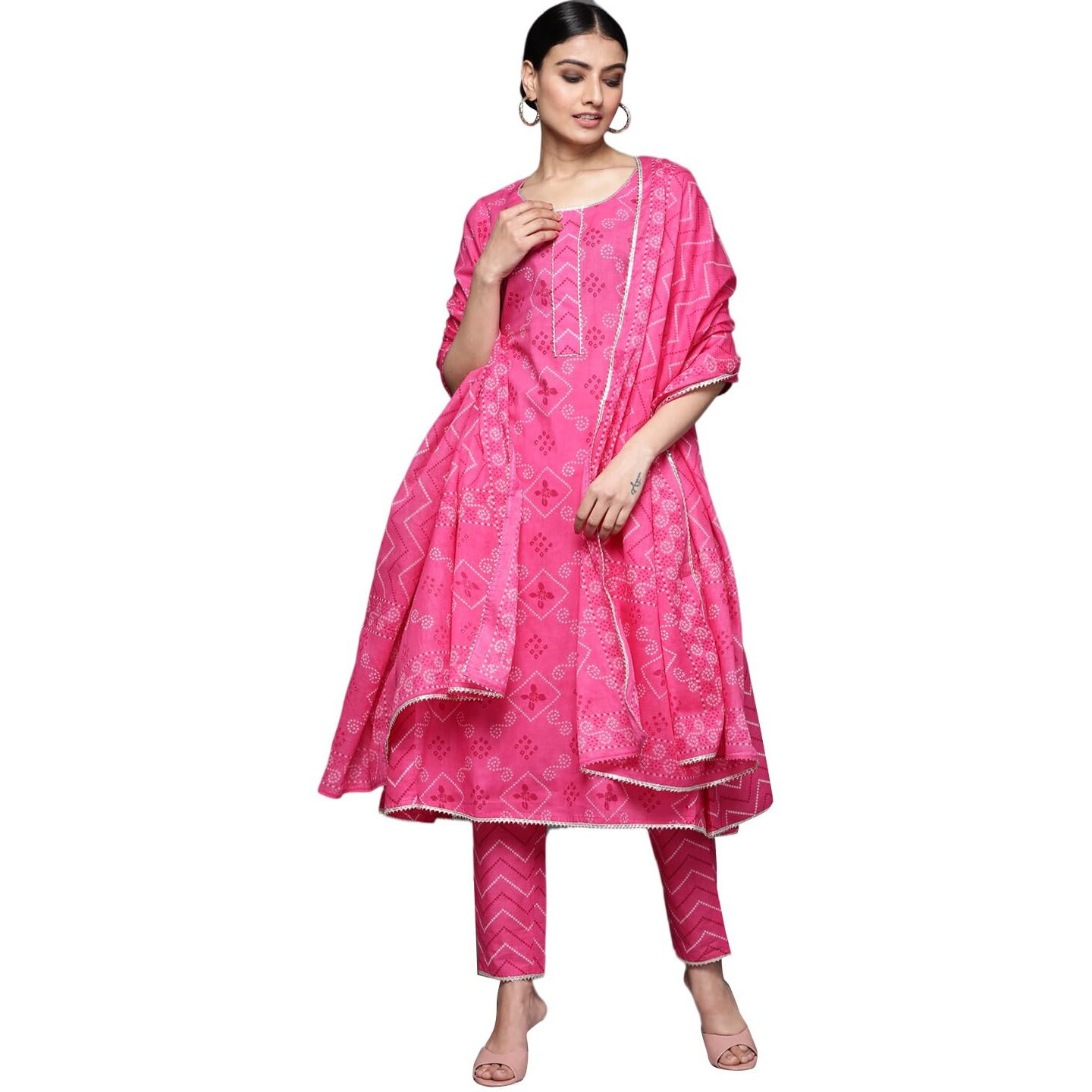 Libas Womens Printed Cotton A-Line Kurta With Trousers And Dupatta