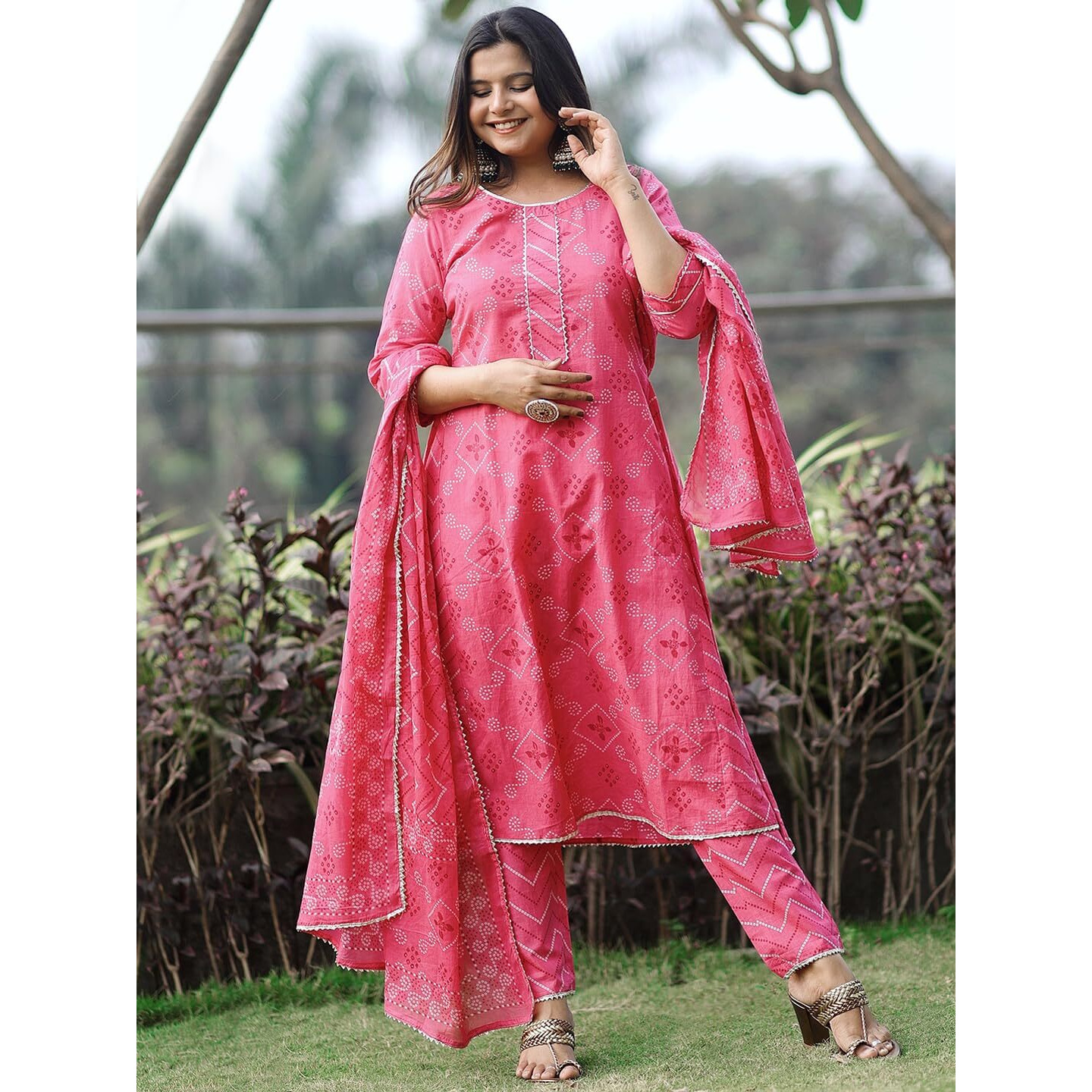 Libas Womens Printed Cotton A-Line Kurta With Trousers And Dupatta